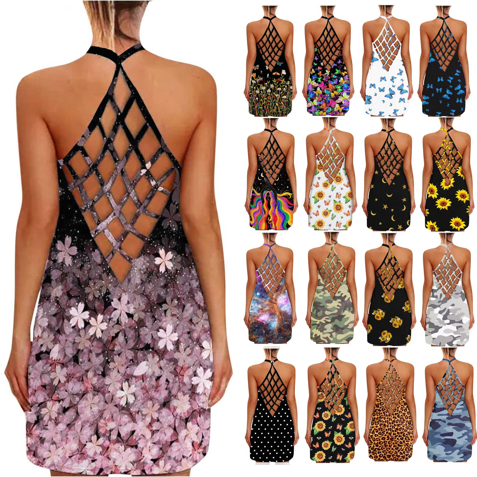 Women's Floral Print Fishnet Backless Mini Dress - Sleeveless Summer Casual Midi Dress for Club Party & Night Out | Perfect for Beach Vacations, Date Nights & Cocktail Events