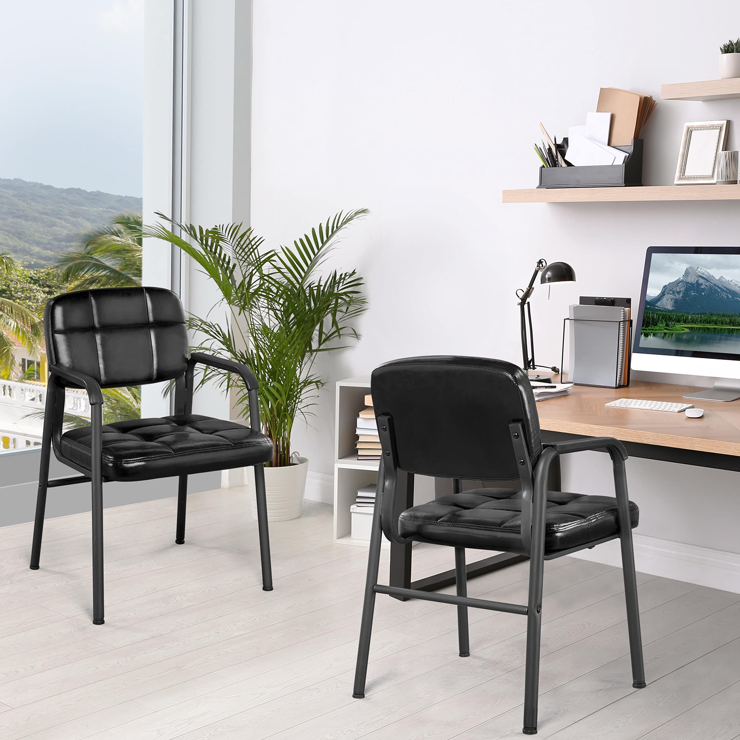 Yaheetech 4-Piece Black Leather Office Reception Chairs Set - Executive Guest Chairs with Ergonomic Design & Upholstered Lumbar Support for Waiting Room, Conference Room, or Home Office