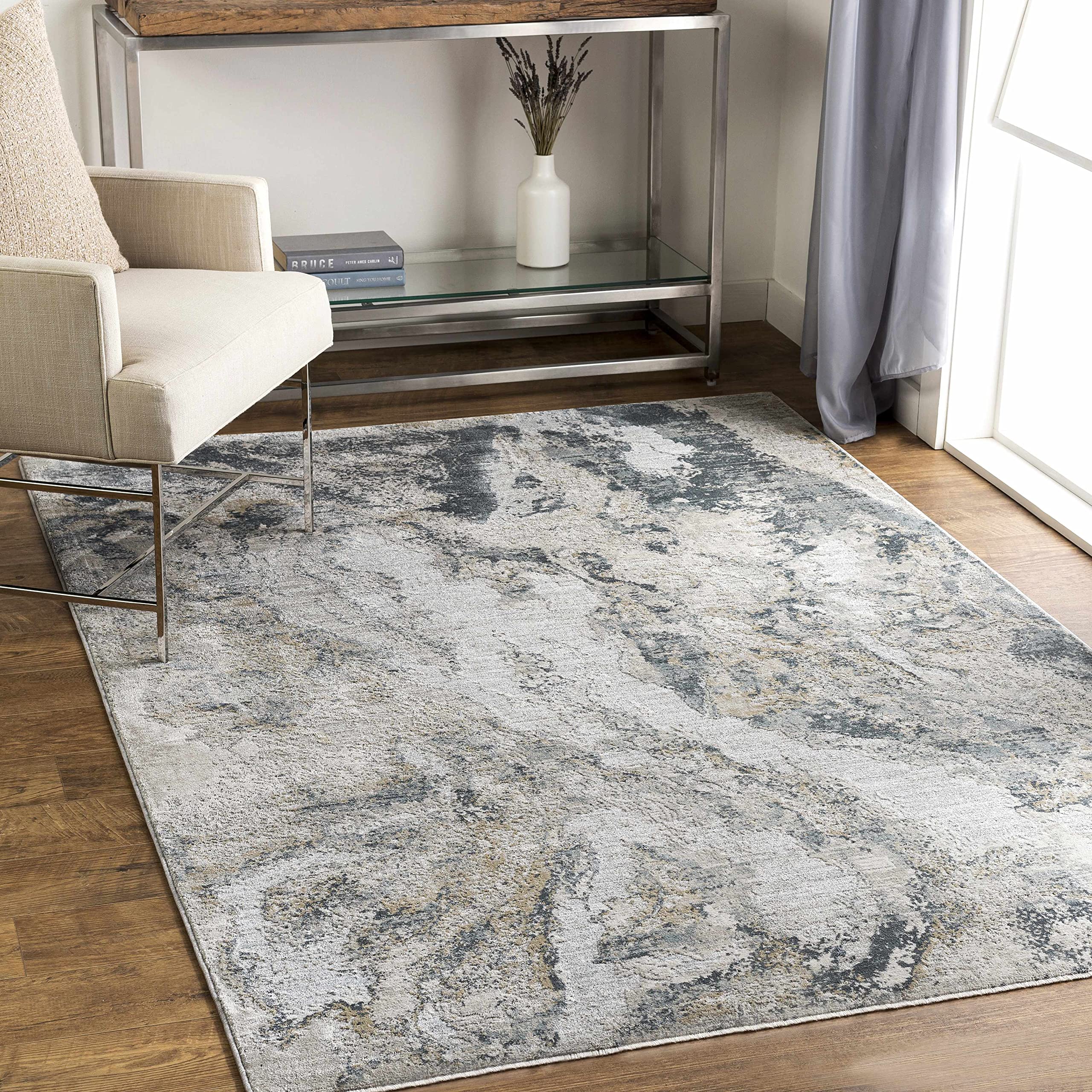 Modern Abstract Area Rug for Living Room & Bedroom - Hauteloom Maddington Carpet in Gray, Olive Green, Blue - 2'7