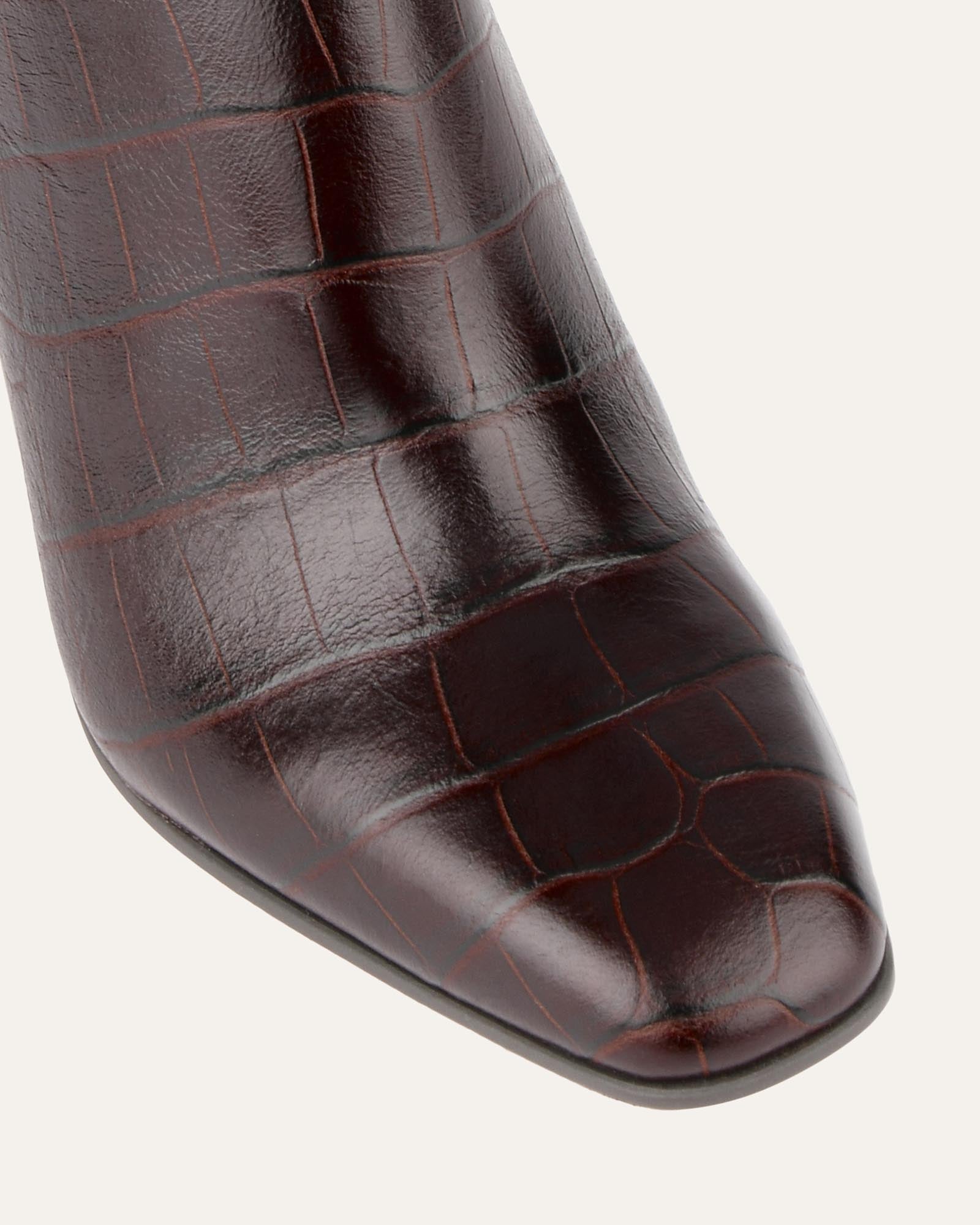 STORMI Women's Knee High Boots in Chocolate Croc Embossed Leather - Stylish & Comfortable for Fall, Winter & Outdoor Activities