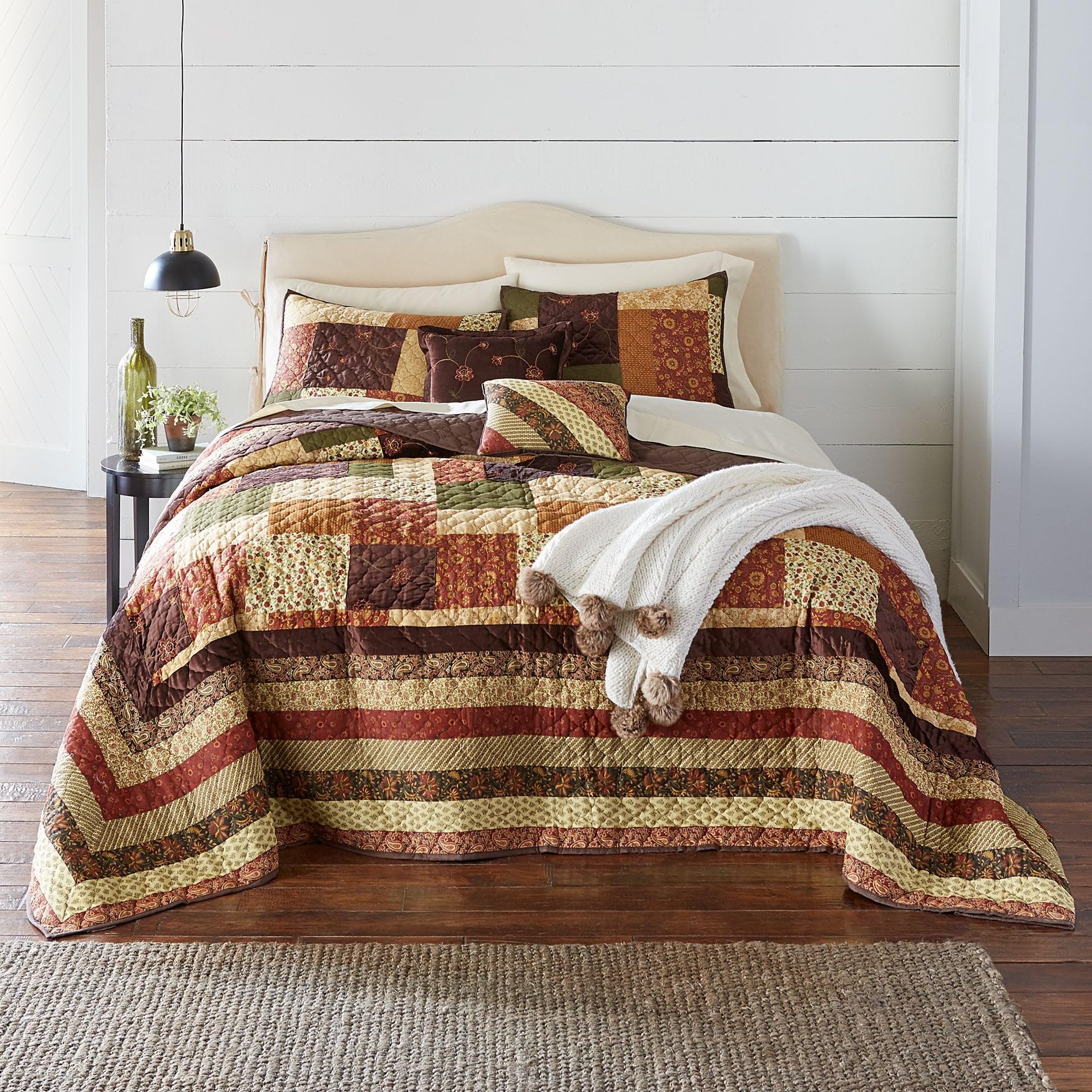 BrylaneHome Salem Harvest Bedspread - Queen Size, Brown Multi-Color, Farmhouse Style Bed Cover for Cozy Bedroom Decor
