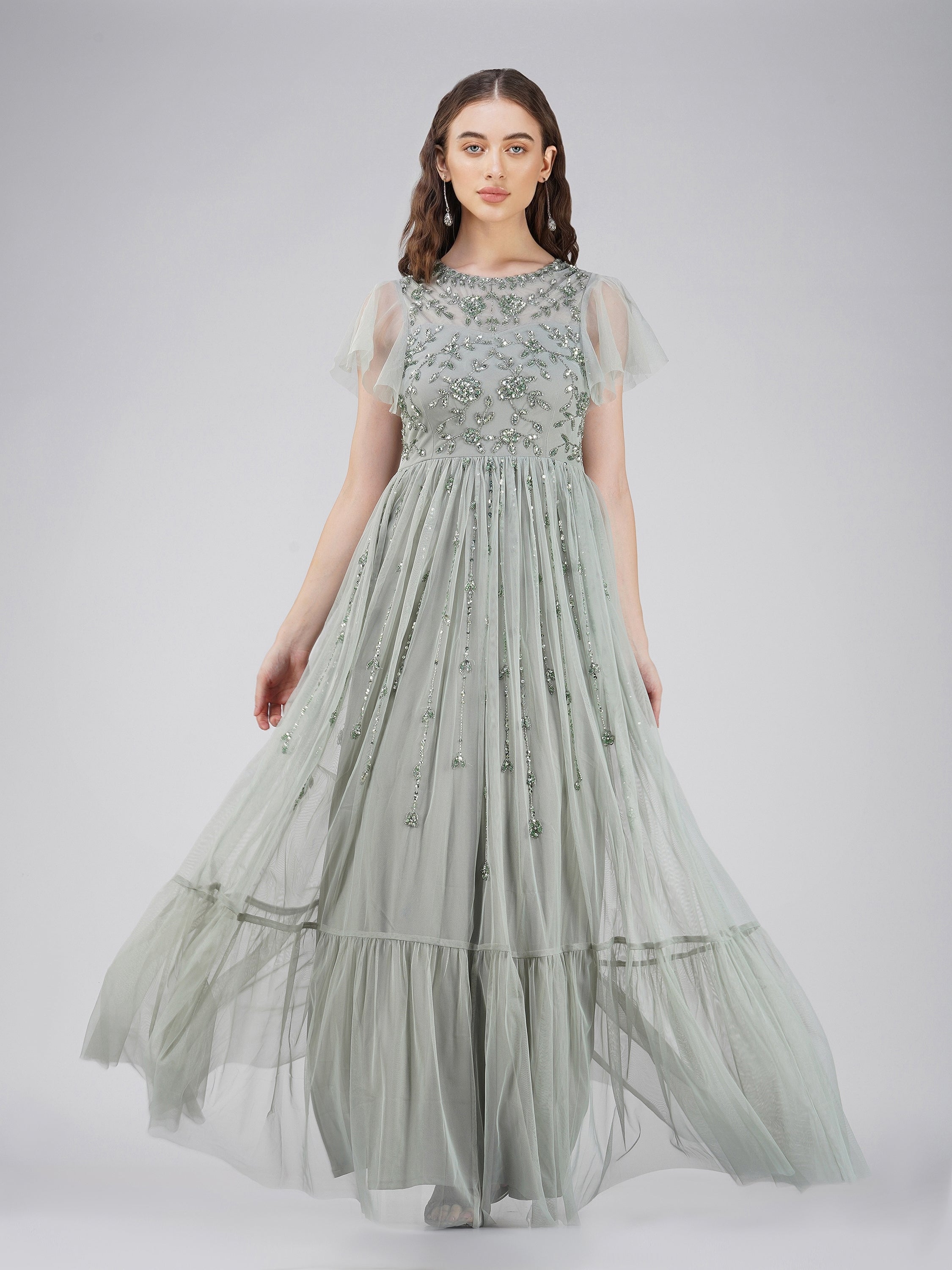 Marly Sage Green Embellished Maxi Dress for Women - Elegant Long Flowy Evening Gown with Intricate Details - Perfect for Weddings, Parties & Special Occasions