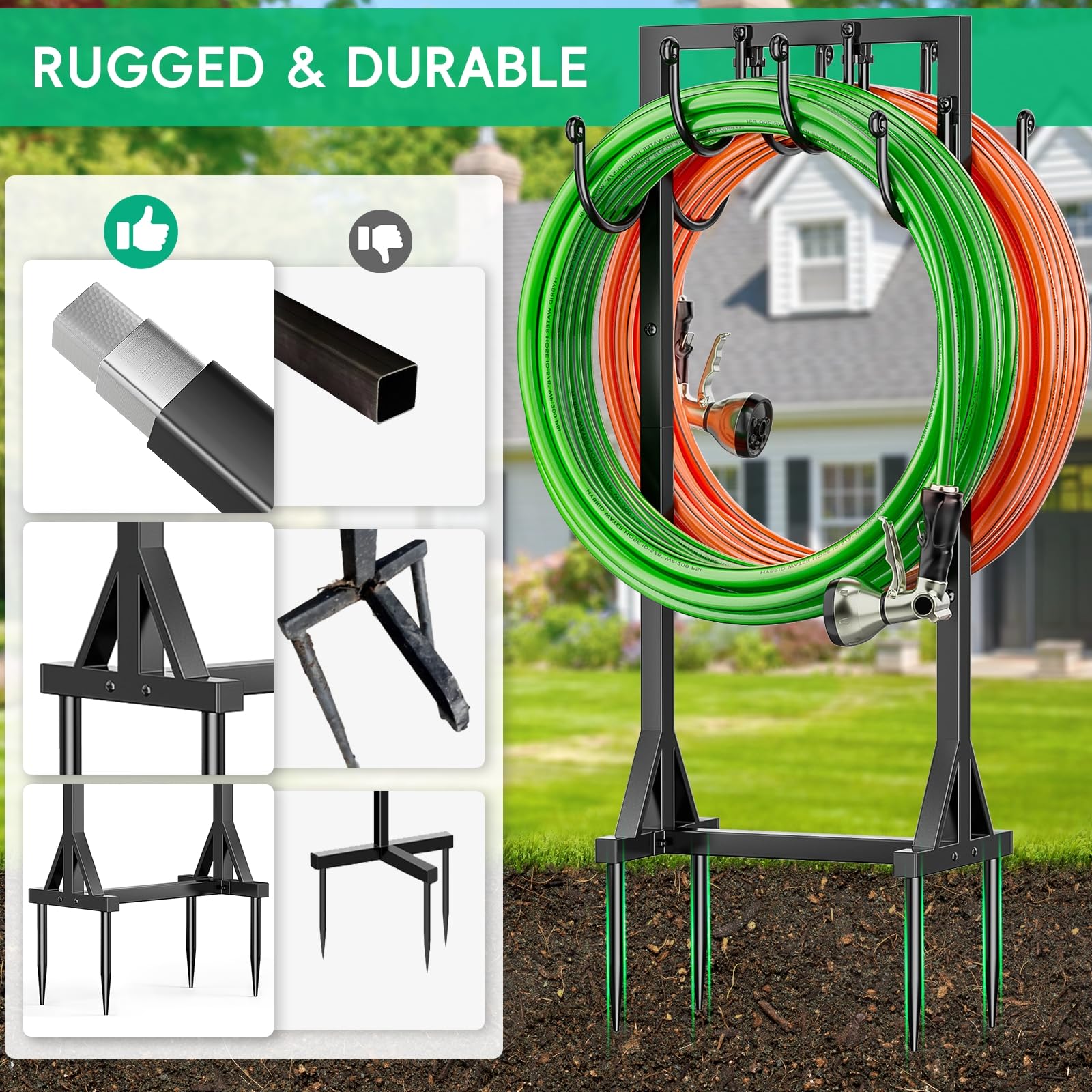 Kcysta Heavy Duty Freestanding Garden Hose Holder - Double-Sided Outdoor Metal Hose Stand Hanger Storage Rack for Yard, Lawn & Garden Watering - Perfect for Organizing Water Hoses in Backyard, Garage or Shed