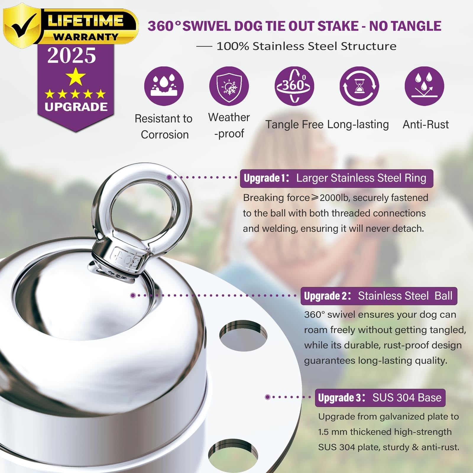 360° Swivel No Tangle Dog Tie Out Cable with Heavy Duty Stainless Steel Stake - 20ft Reflective Dog Run for Small to Large Dogs - Perfect for Backyard, Camping & Outdoor Use (Silver)