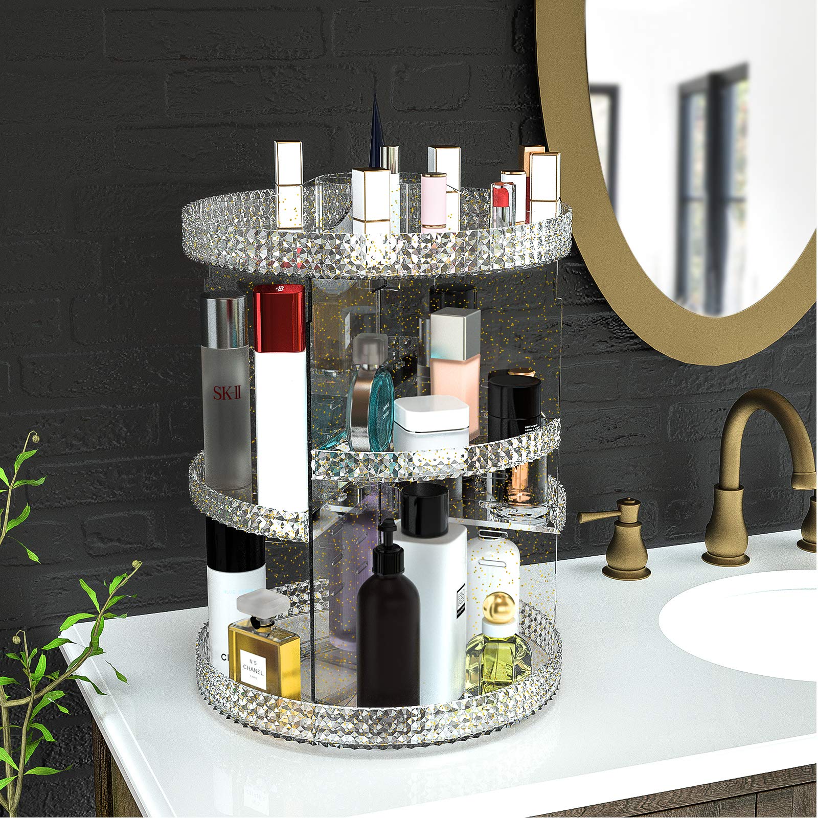 360-Degree Rotating Makeup Organizer with 7 Removable Layers - Extra Large Capacity Cosmetic Storage Case for Lipstick, Perfume & Beauty Products - Glitter Vanity Organizer for Bedroom, Bathroom & Travel