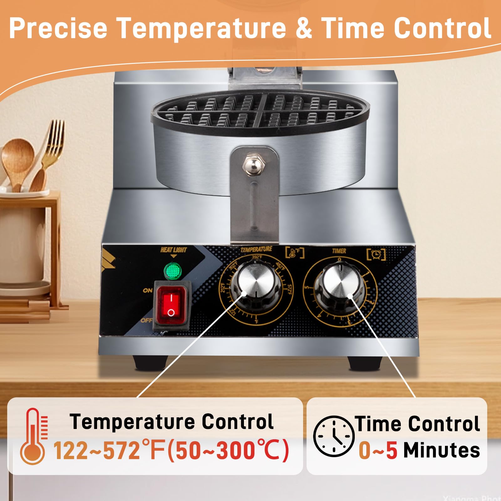 ROVSUN Commercial Electric Belgian Waffle Maker - 360° Rotating Non-Stick Waffle Iron with Adjustable Temperature & Timer - Perfect for Hotels, Restaurants, and Breakfast Cafes