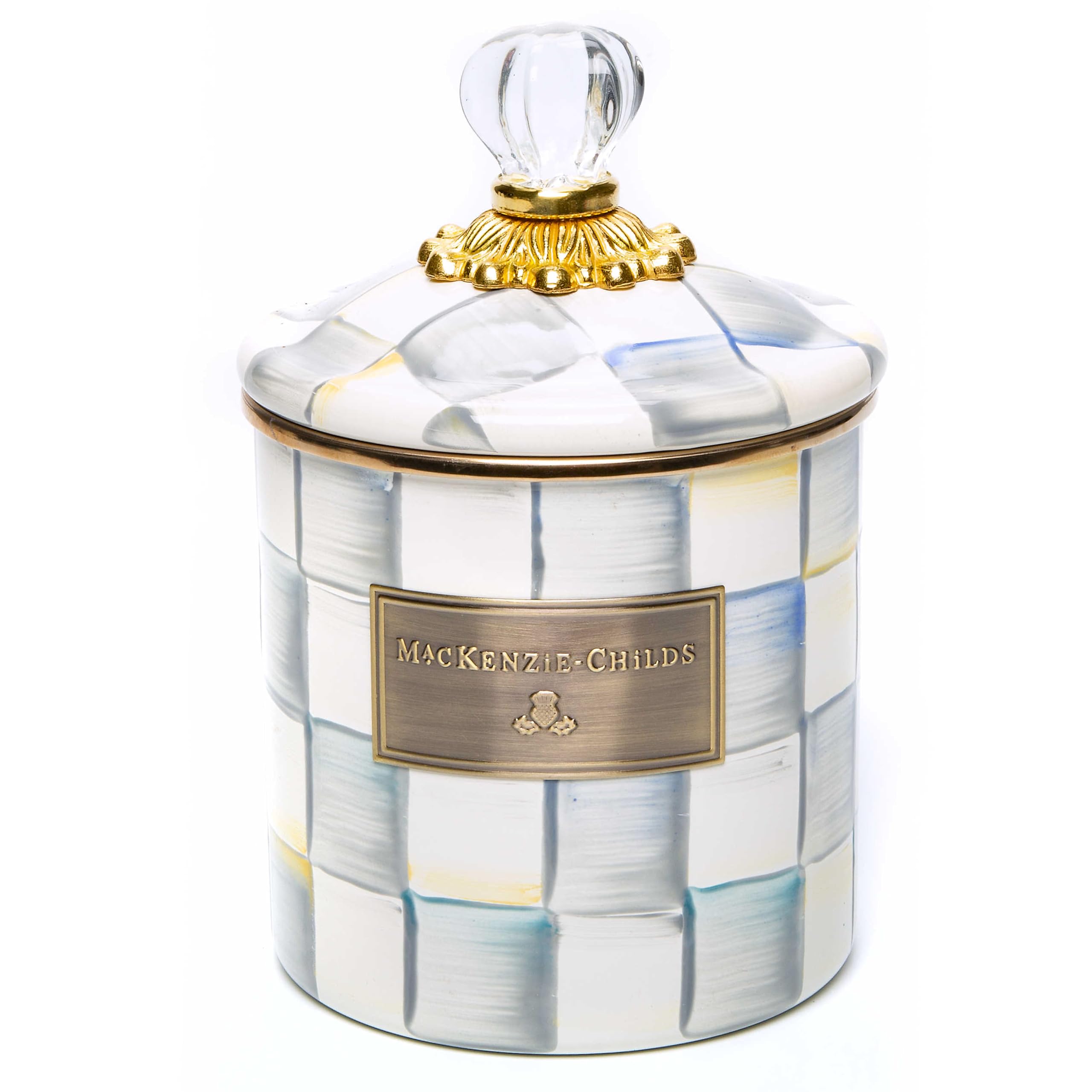 Mackenzie-Childs Small Enamel Canister - 1.13L Kitchen Storage Container for Flour, Sugar & Dry Goods - Grey & White Sterling Check Design - Perfect for Pantry Organization & Farmhouse Style Decor