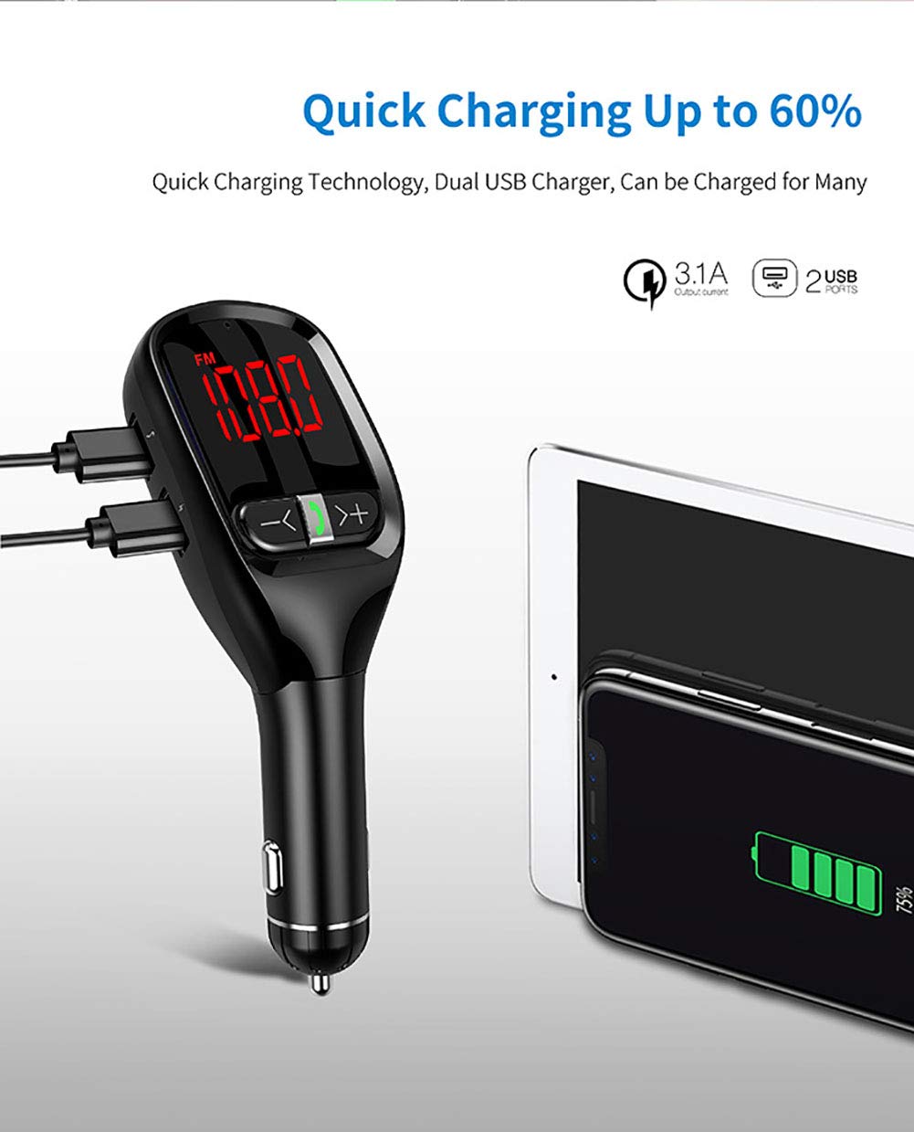 Wireless Bluetooth FM Transmitter for Car - 4.2 In-Car Radio Adapter with Hands-Free Calling, Dual USB Charging Ports, LED Display & 4 Stereo Modes | Perfect for Road Trips, Commuting & Streaming Music