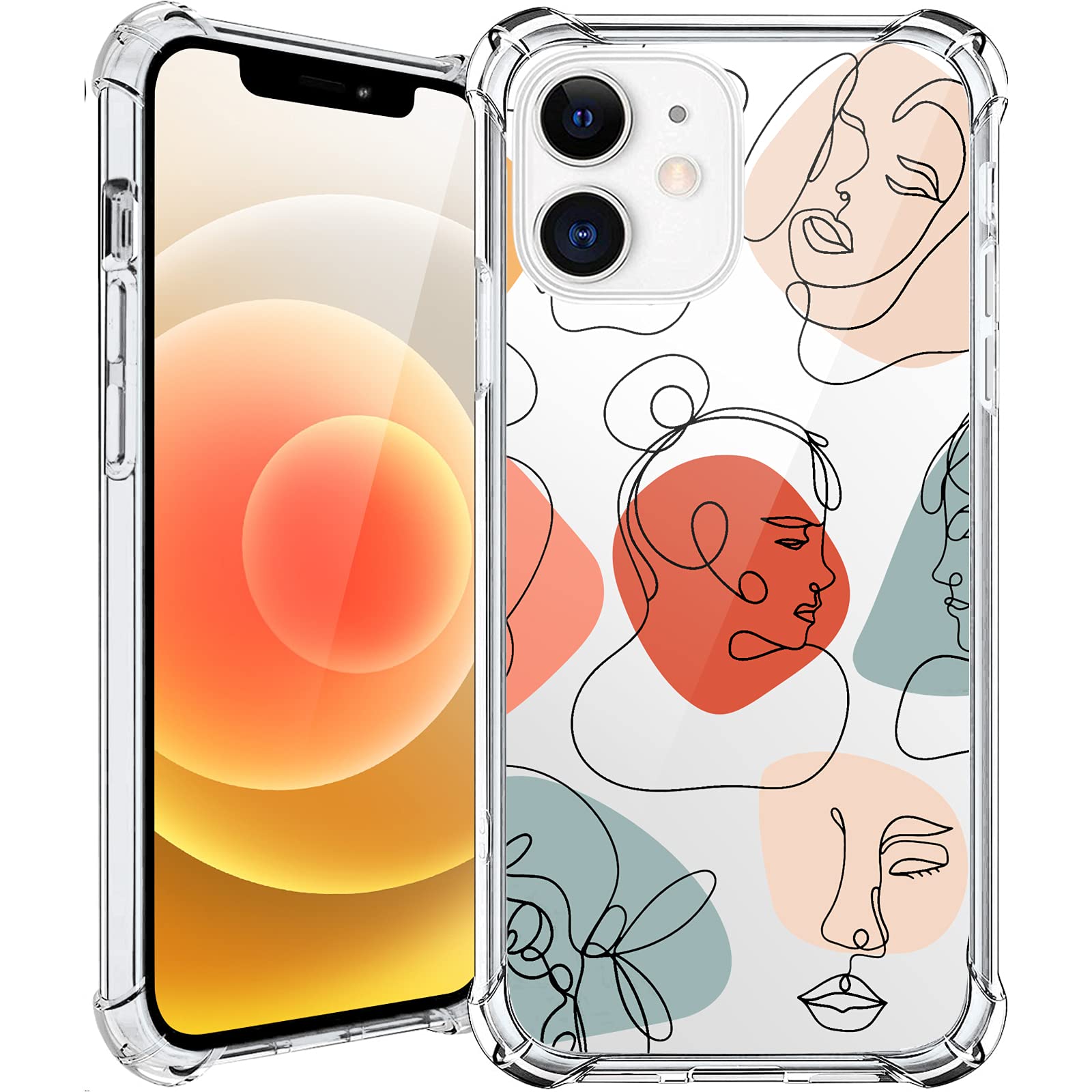 MAYCARI Aesthetic Abstract Face iPhone 12 Case - Cool Art Line Pattern Clear TPU Cover | Slim Flexible Protective Phone Case with Anti-Scratch & Shock Absorption | Perfect for Daily Use, Work & Travel