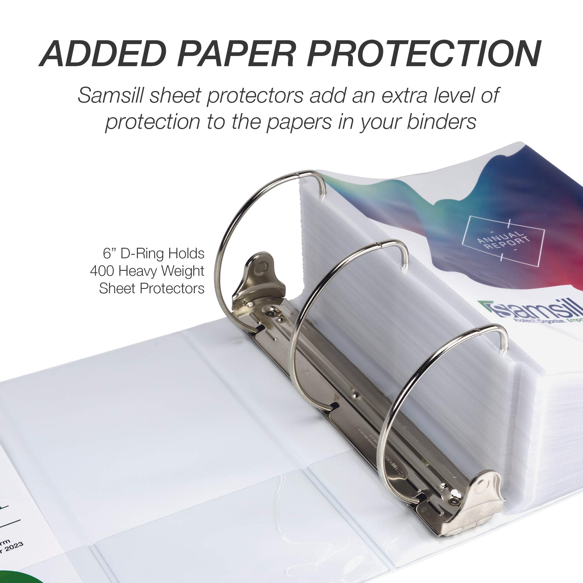 Samsill 6 Inch Durable D-Ring Binder, Made in USA, Locking Mechanism, Customizable Clear View Cover, White, 2-Pack, Holds 1225 Pages - Perfect for Office, School & Document Organization