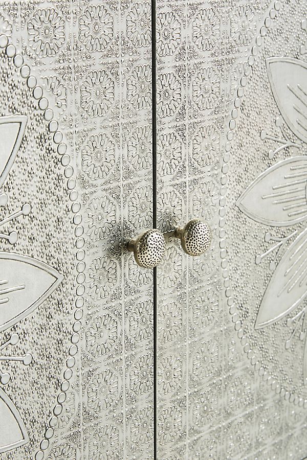 Hand Embossed Metal Buffet Table in White | Indian Handcrafted Sideboard with Floral Design | Perfect for Dining Room, Living Room & Wedding Decor