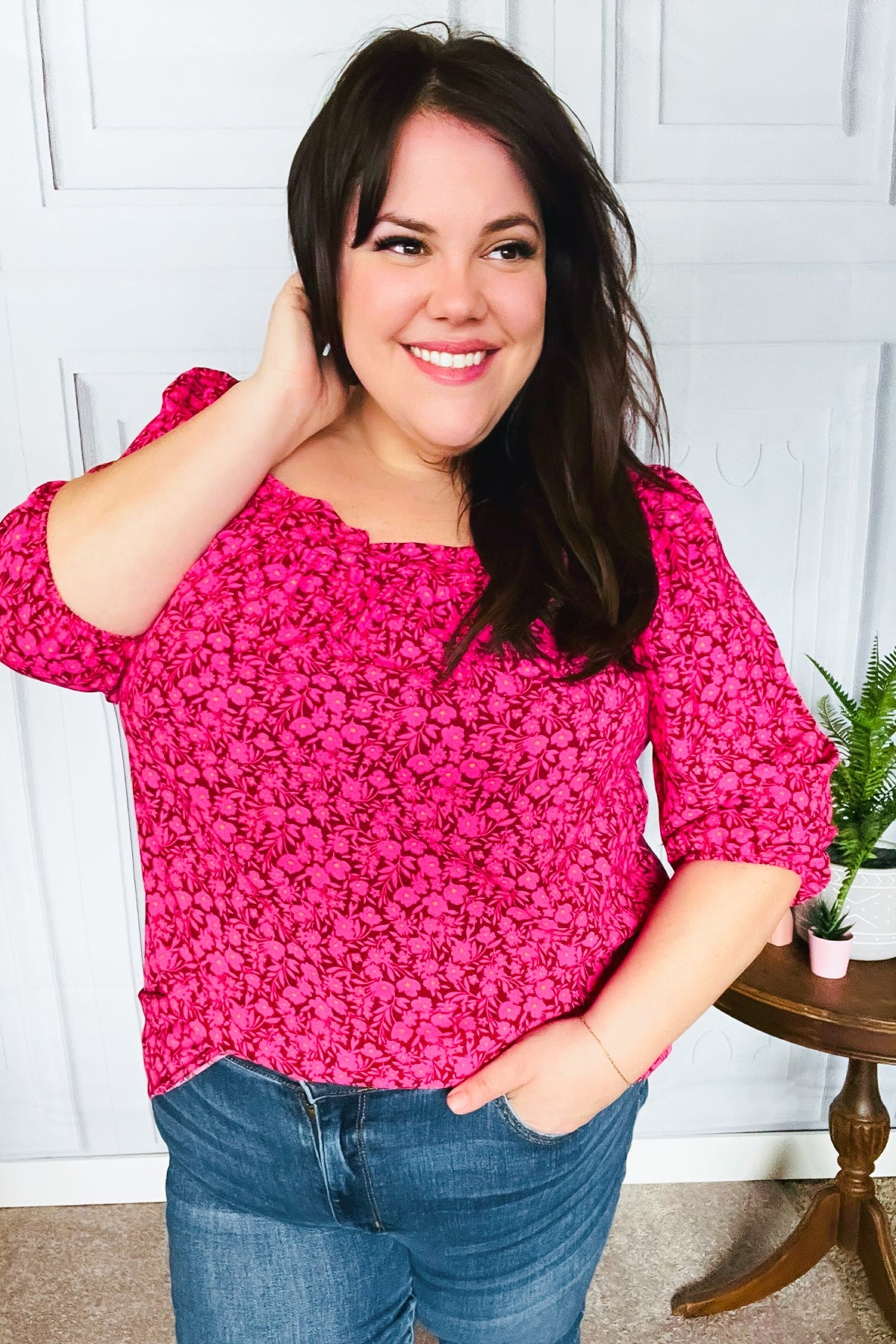 Perfectly You Fuchsia Floral Print Three Quarter Sleeve Square Neck Blouse for Women | Casual Spring Summer Tops for Office Wear & Date Night Outfits