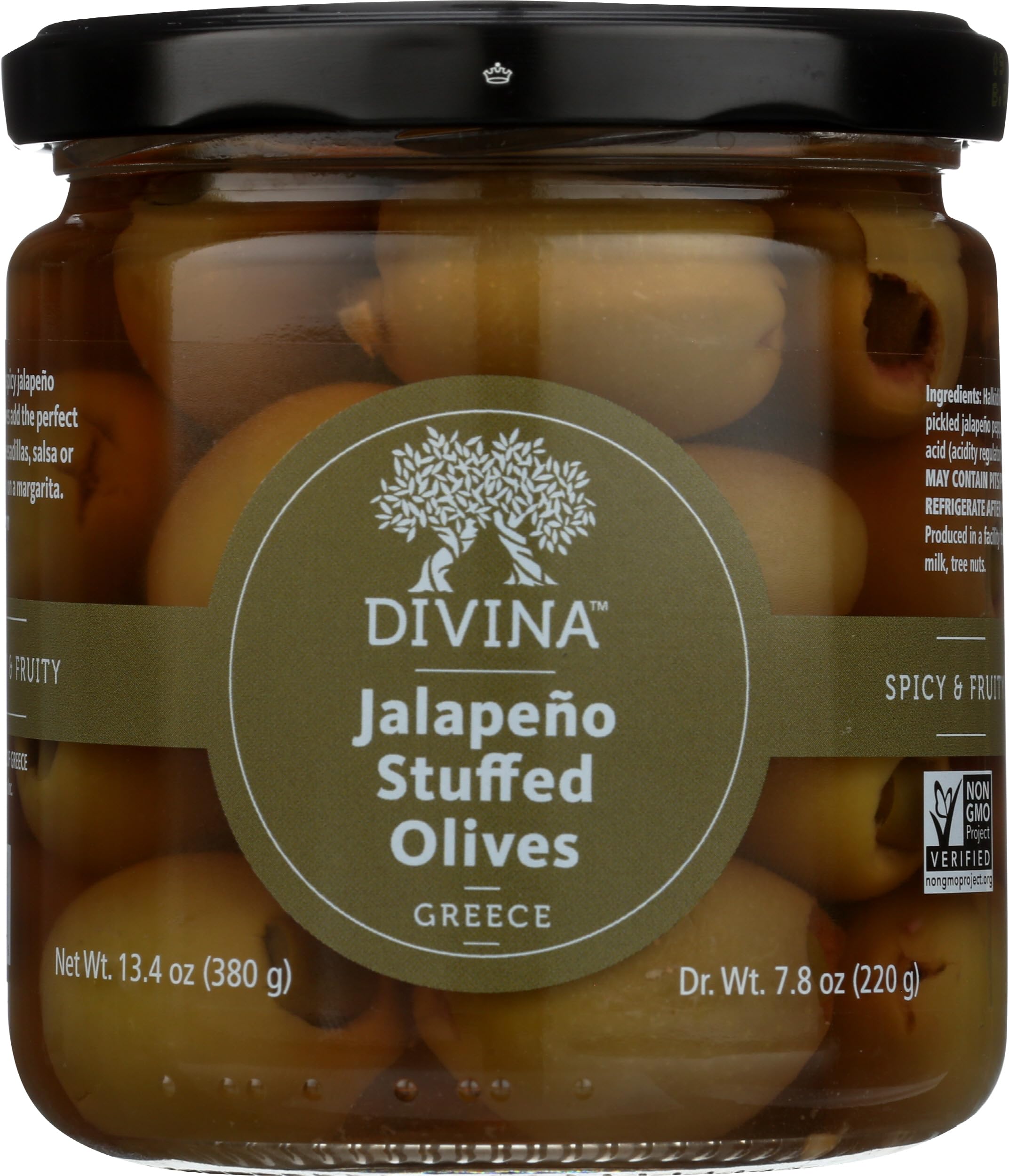 Divina Green Olives Stuffed with Jalapeno Peppers - 7.8 oz Jar | Spicy Stuffed Olives for Charcuterie Boards, Cocktails & Mediterranean Recipes