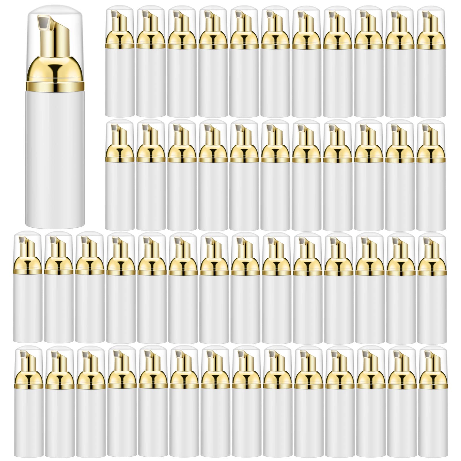 50PCS White Foam Bottles with Gold Pump - 2oz Empty Travel Foaming Dispensers for Hand Soap & Lash Shampoo | Refillable Cosmetic Containers for Salon, Bathroom & Home Use