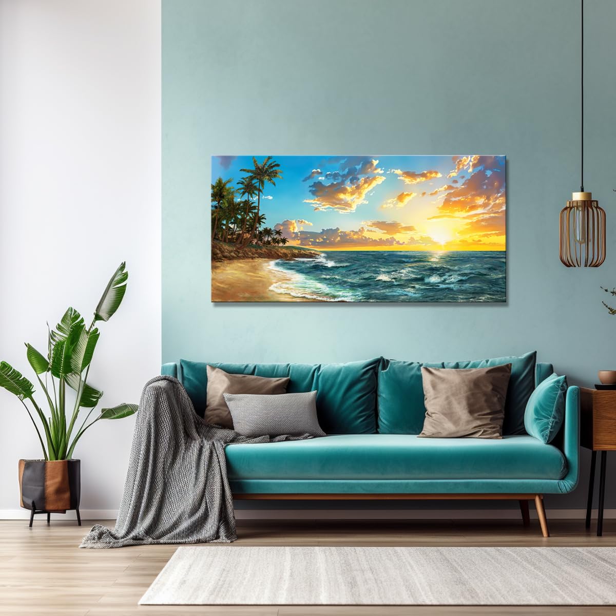 Popuwall XXLarge Tropical Beach Sunset Wall Art - Palm Trees & Ocean Waves Painting for Living Room, Bedroom, Farmhouse & Office Decor | Perfect for Coastal, Summer & Vacation Themed Spaces