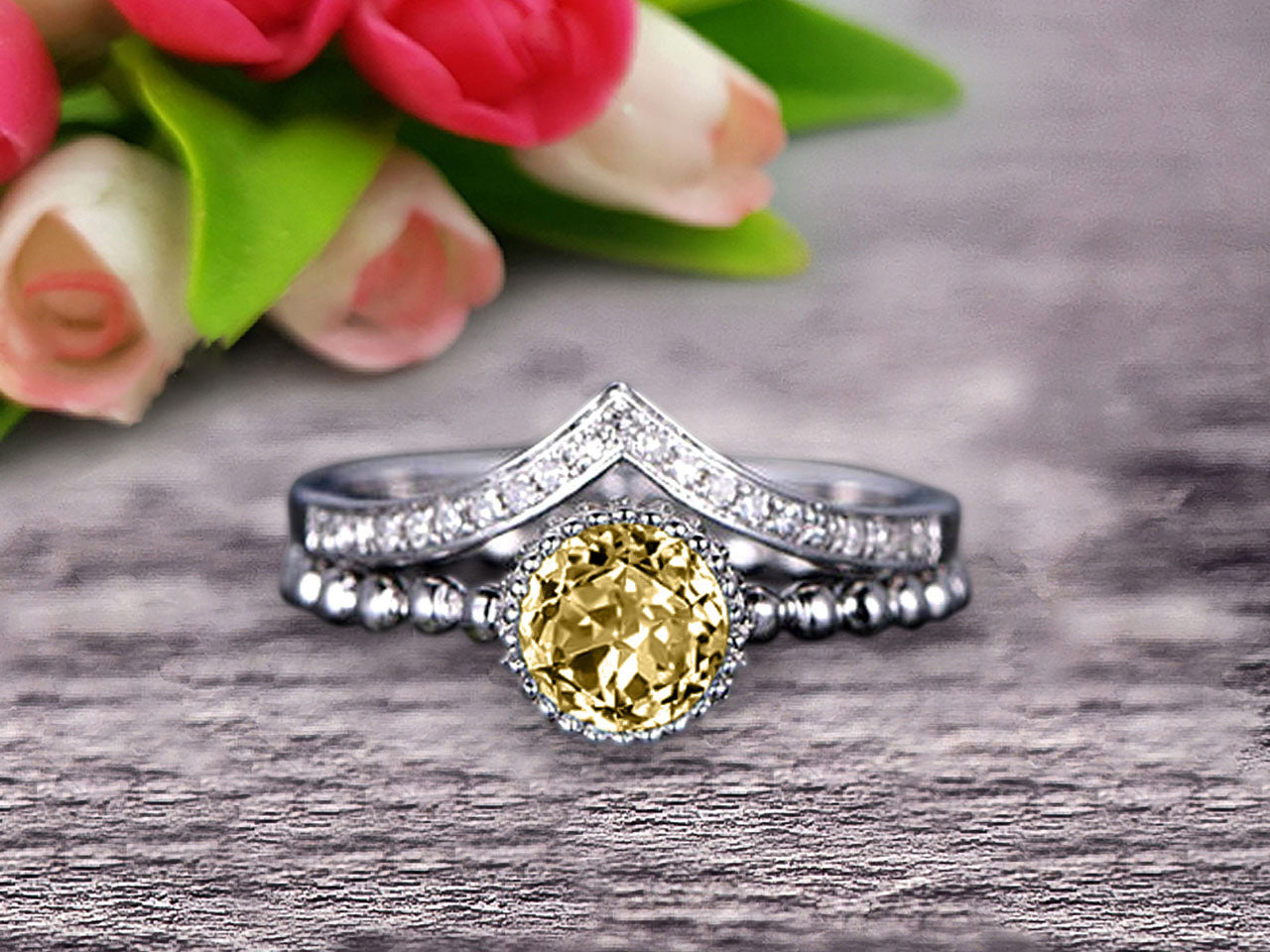 1.50 Carat Round Cut Champagne Diamond Moissanite Engagement Ring with V-Shaped Wedding Band - 10k White Gold Art Deco Bridal Set for Women, Anniversary Gift for Her, Perfect for Proposals, Weddings & Special Occasions