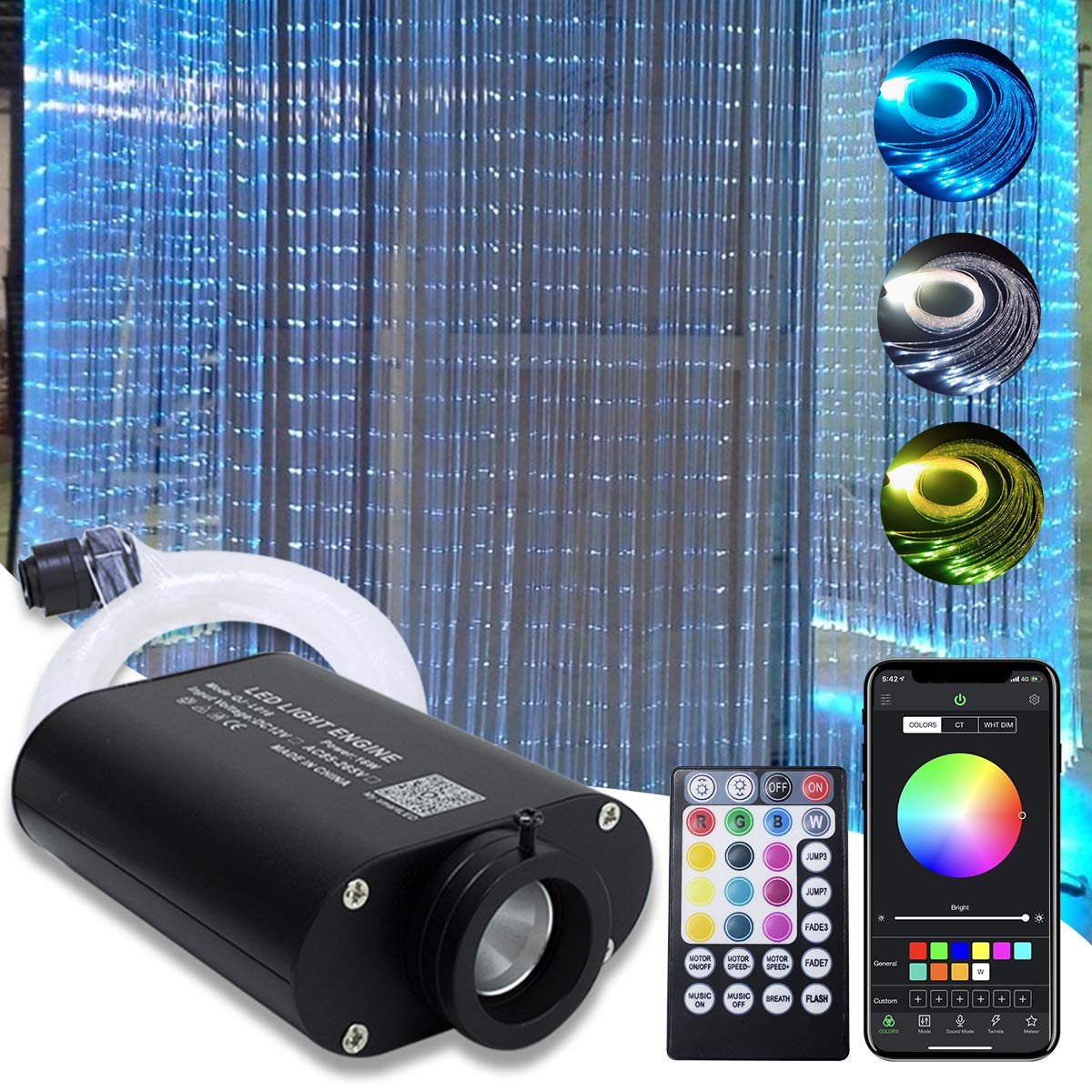 AMKI 16W Bluetooth Fiber Optic Curtain Light Kit - RGBW Waterfall Effect with Music Sync, App & Remote Control - 300pcs 0.03in/0.75mm Fiber Cable (9.8ft/3m) - Sensory Room Lighting for Kids, Home Decor, Bedroom, Party & Holiday Decorations