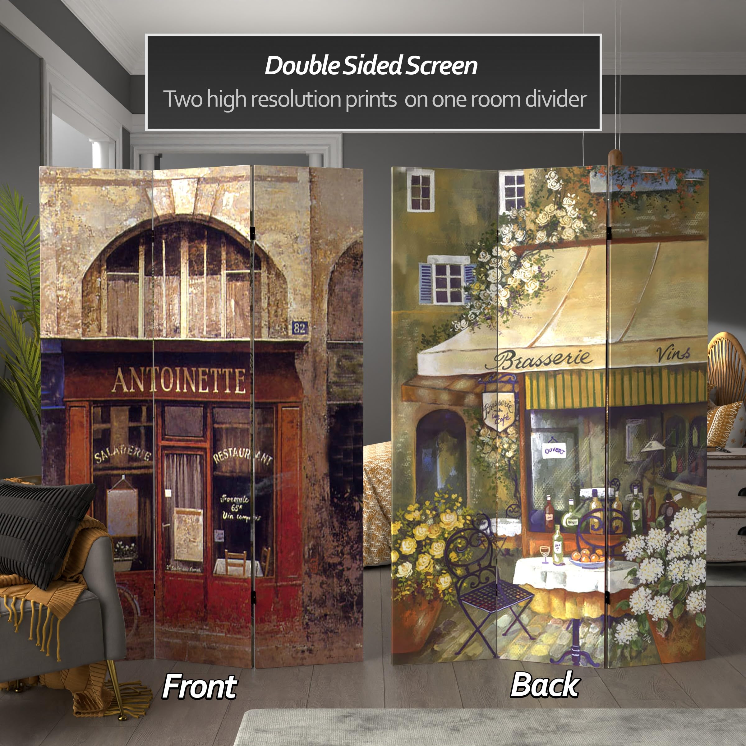 6 ft. Tall Double Sided Red Lantern Brasserie Canvas Room Divider - 71 Inch Height, 3 Panel Width for Home Decor, Office Partition & Event Space Divider