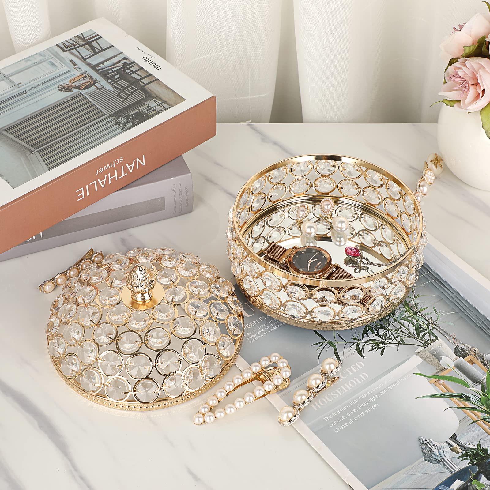 Hipiwe Large Crystal Jewelry Organizer Box - Luxury Gold Treasure Storage Case for Rings, Earrings & Accessories - Elegant Home Decor Gift for Women & Girls - Perfect for Bedroom, Dresser & Travel
