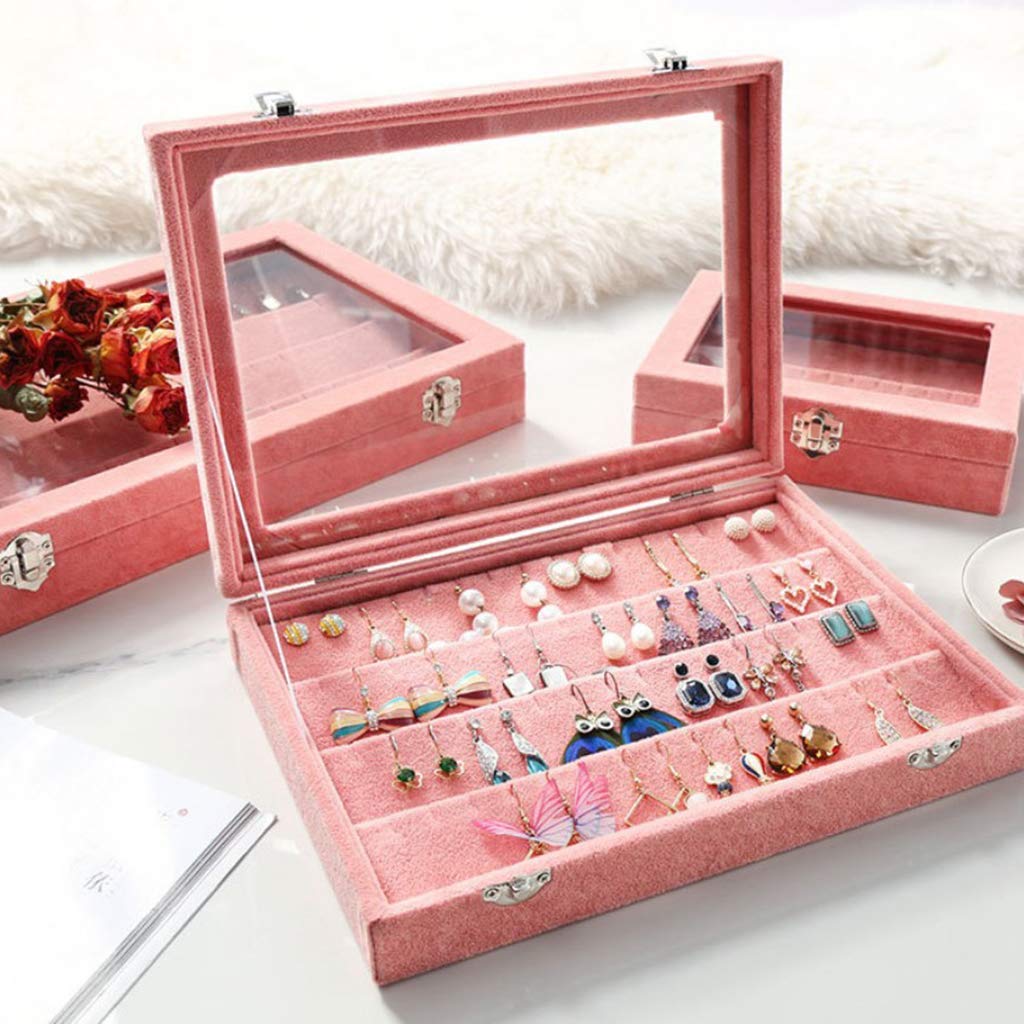 Velvet Jewelry Storage Box - Pink Earrings & Studs Display Case with Hanger Holder | Perfect for Organizing Necklaces, Rings & Earrings at Home or Travel