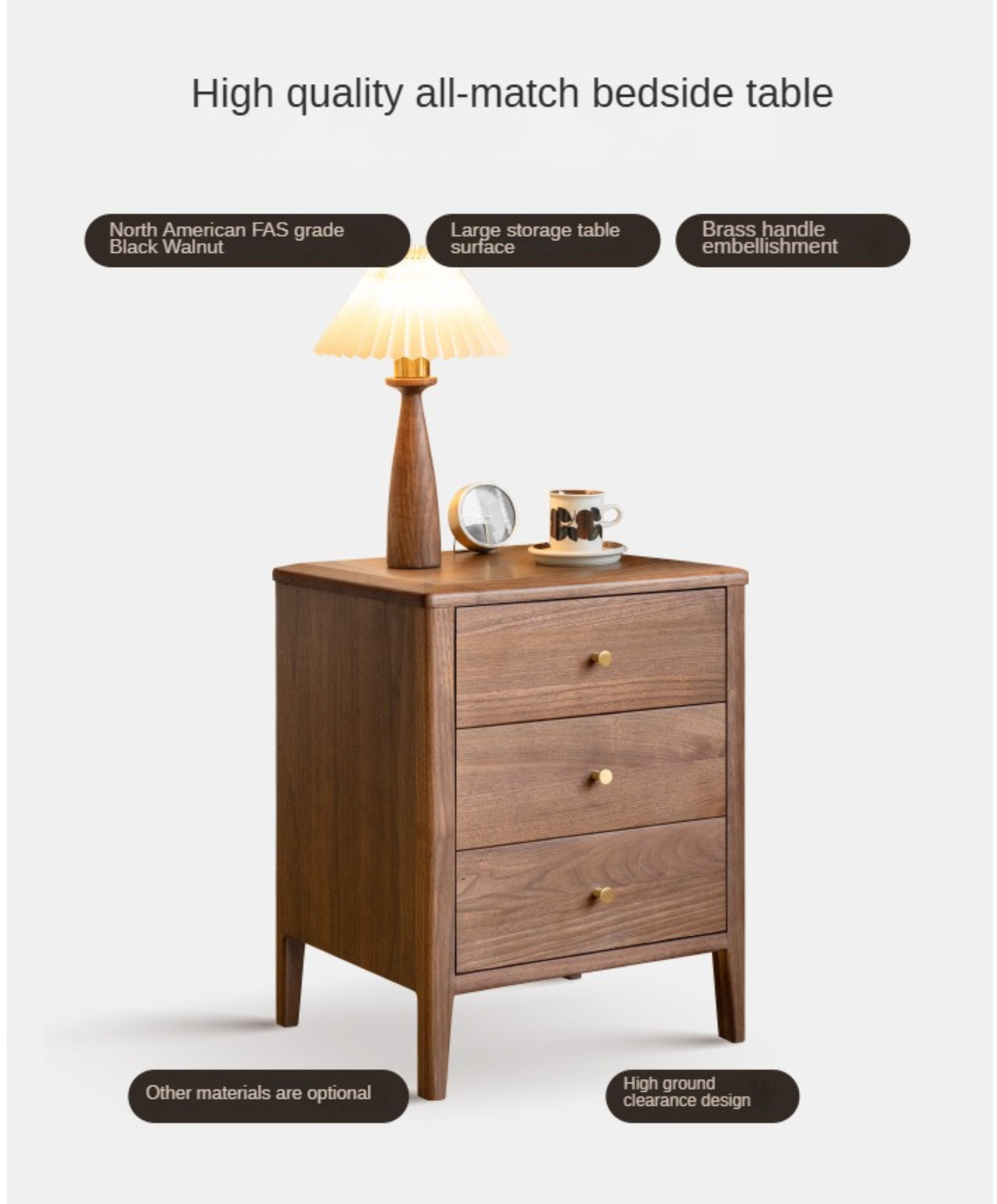 Premium Black Walnut Solid Wood Nightstand - Modern Nordic Style Bedside Table for Bedroom, Living Room & Office Furniture