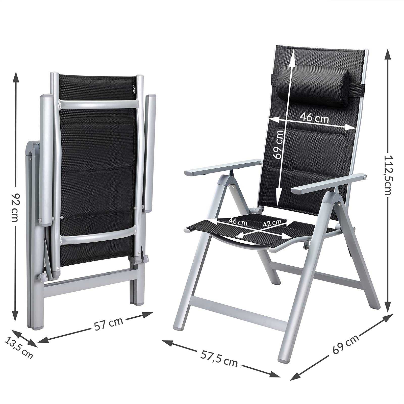 CASARIA® 2-Pack Adjustable Outdoor Garden Chairs - 8-Position Reclining, 120KG Capacity, Foldable Aluminum Patio Balcony Furniture for Relaxing in Backyard, Terrace or Poolside