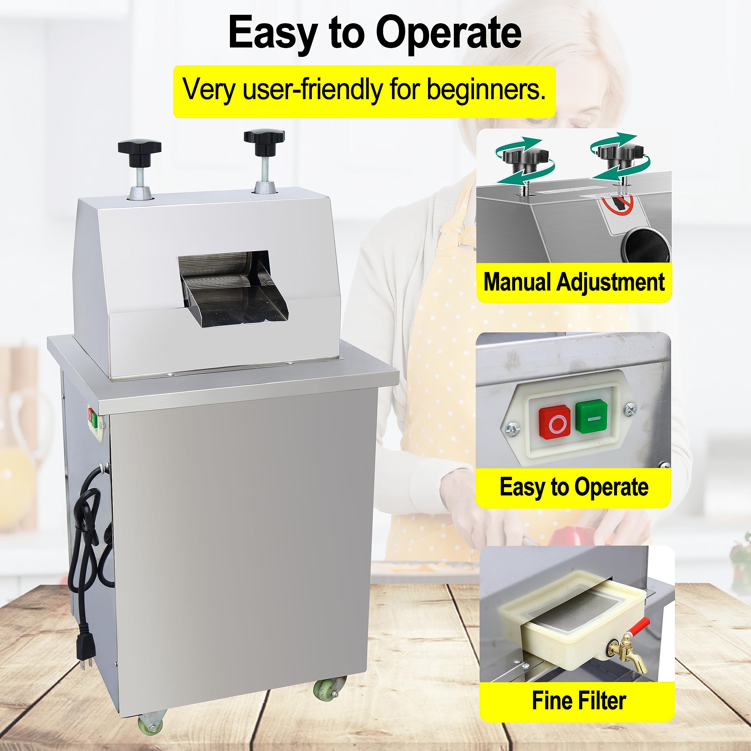 Commercial & Home Use 110V Electric Sugar Cane Juice Press Machine - 1100W 3-Roller Extractor with 4 Casters | Perfect for Juice Bars, Restaurants & Healthy Home Drinks