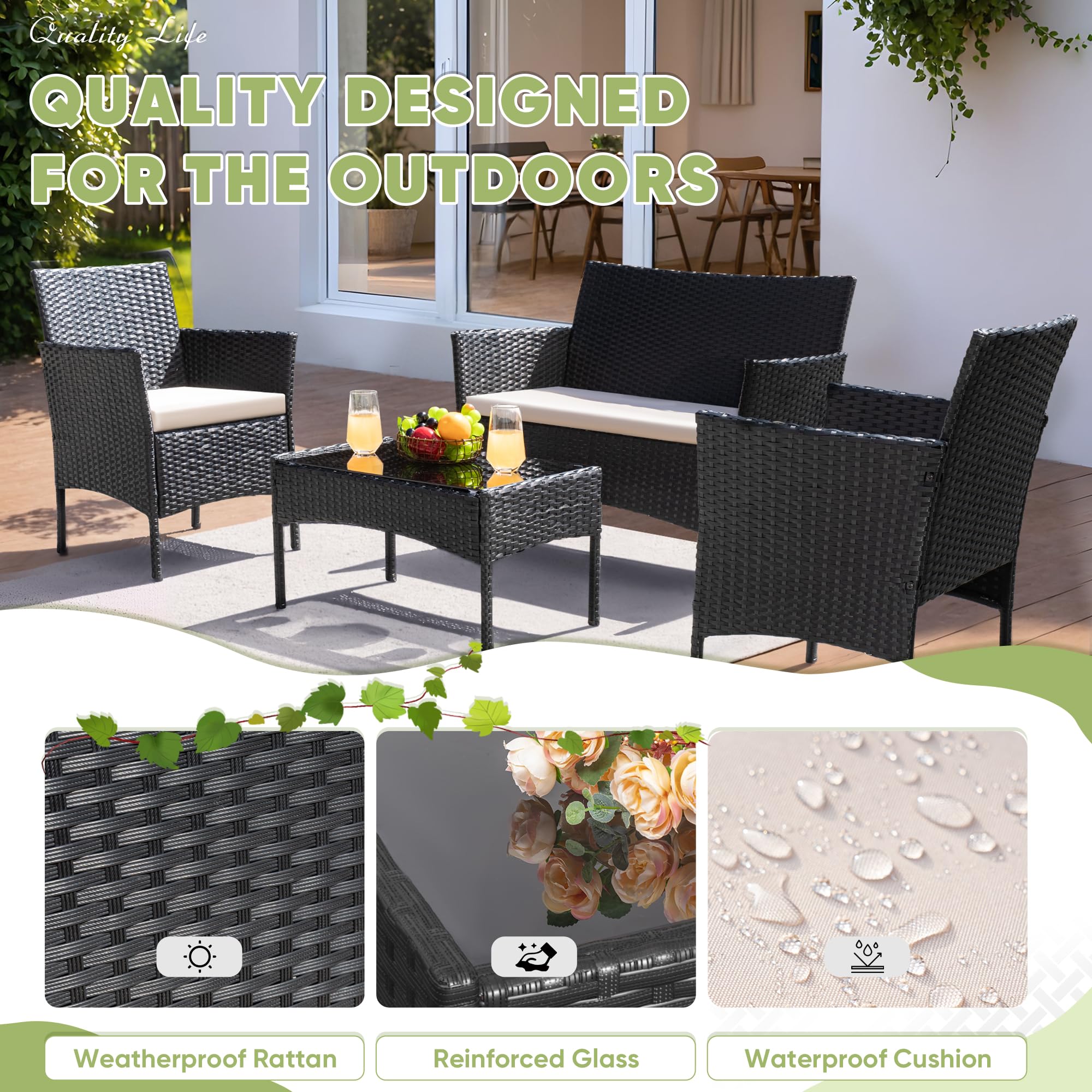 Greesum 4-Piece Outdoor Patio Furniture Set - Wicker Rattan Conversation Chairs with Cushions & Glass Table for Garden, Backyard, Balcony, Porch, Poolside - Black & Beige - Perfect for Relaxing, Entertaining Guests, and Outdoor Dining