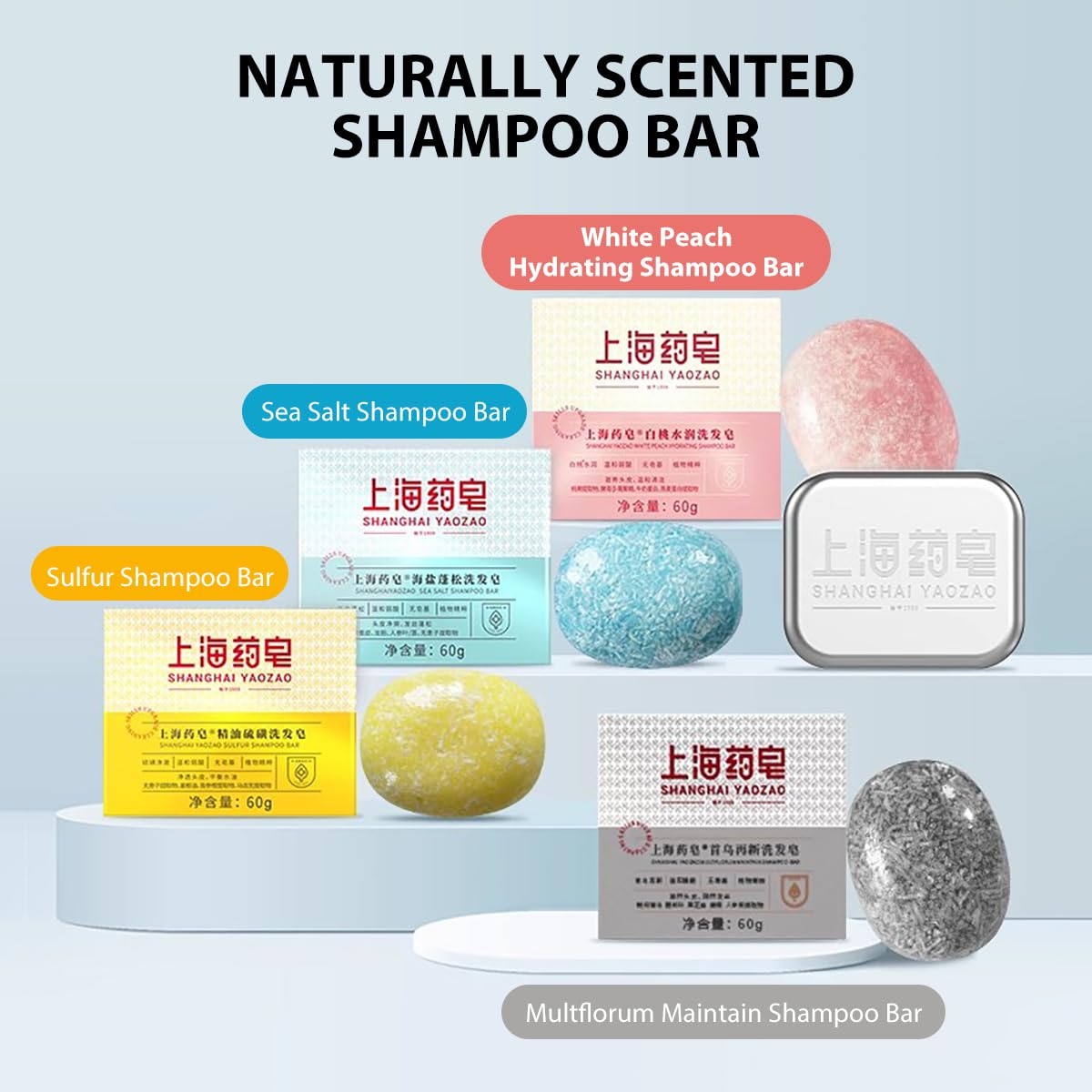 Bee & Flower Shampoo Bar - White Peach Hydrating & Nourishing Shampoo Bar for All Hair Types | Natural, Sulfate-Free, Vegan | Travel-Friendly with Mesh Bag & Tin Box (2.1 oz) - Perfect for Camping, Gym & Eco-Conscious Hair Care
