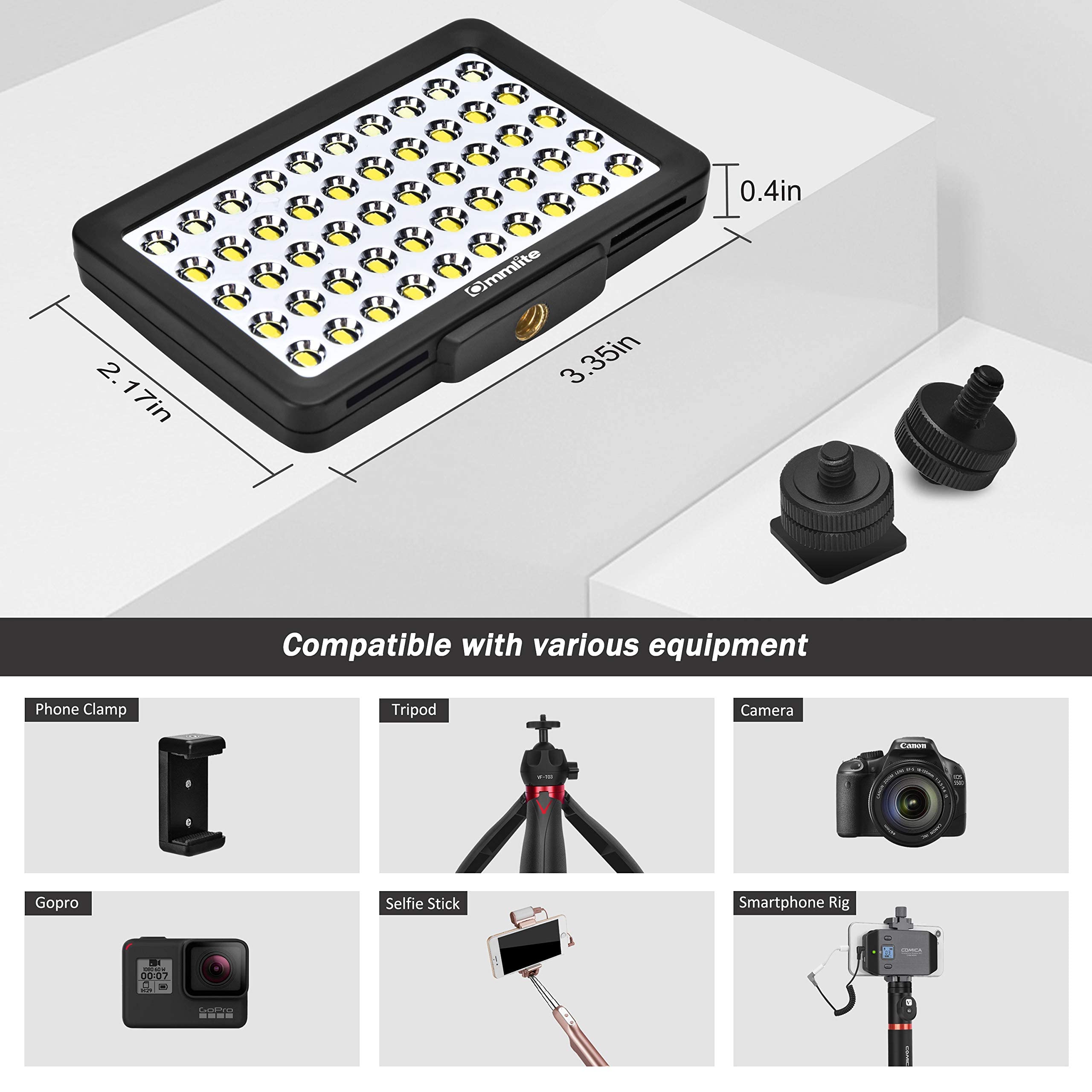 Commlite CM-L50 LED Camera Video Light - 50 LED 5700-6000K Dimmable Mini Panel Light for Smartphones & DSLR Cameras (Canon, Sony, Nikon, iPhone, Samsung, Huawei) - Perfect for YouTube, Vlogging, Photography & Live Streaming