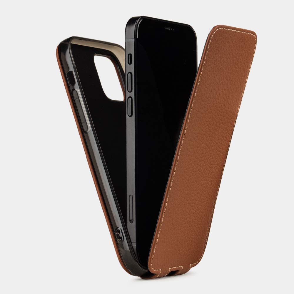 Premium Genuine Leather Flip Case for iPhone 12 Pro Max - Patented Design - Handcrafted in France - Caramel Brown - Perfect for Business & Travel Protection