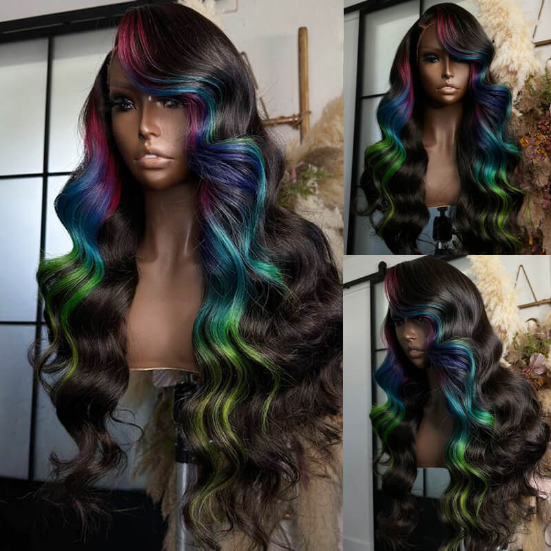 Eullair Multi-Colored Straight Human Hair Wig - Pink, Purple, Blue, Green Body Wave Lace Frontal Wigs with Pre-Plucked 180% Density | Perfect for Cosplay, Halloween, Parties & Daily Fashion