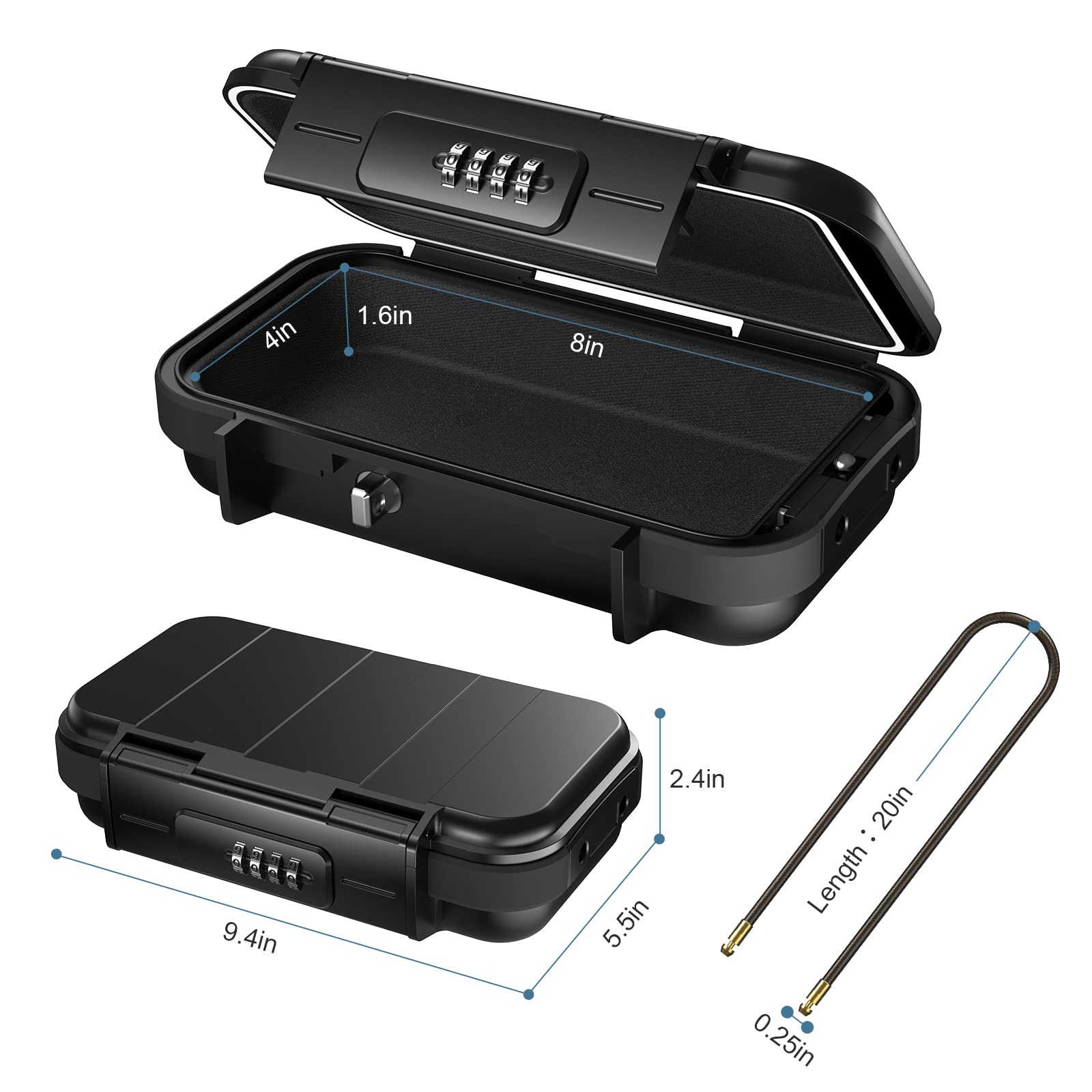 Portable Travel Safe Box with Combination Lock - Waterproof Anti-Theft Security Case for Beach, Office, Hotel & Car - Includes Removable Wire Rope for Secure Storage of Valuables, Cash & Jewelry While Traveling or at Home
