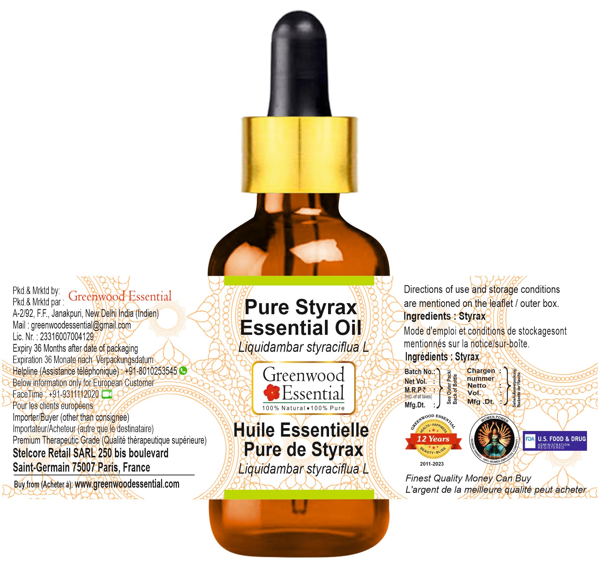 Pure Styrax Essential Oil (Liquidambar Styraciflua) - 10ml Steam Distilled with Glass Dropper | Natural Aromatherapy, Relaxation & DIY Perfume Making