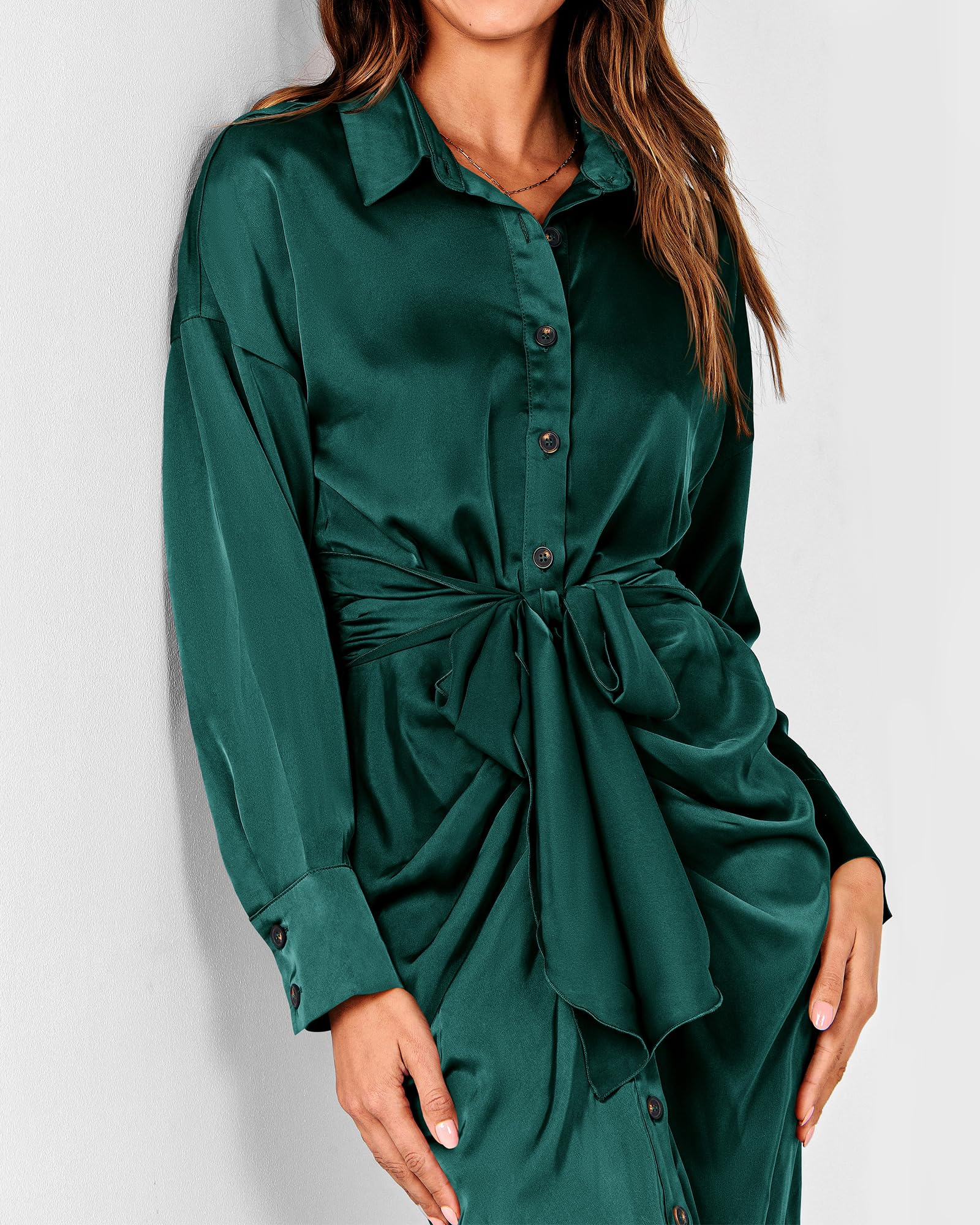 BTFBM Women's Long Sleeve Satin Dress - Elegant V Neck Button Down Maxi Dress with Belt & Ruched Detail for Spring Summer 2025 | Perfect for Weddings, Parties & Office Wear
