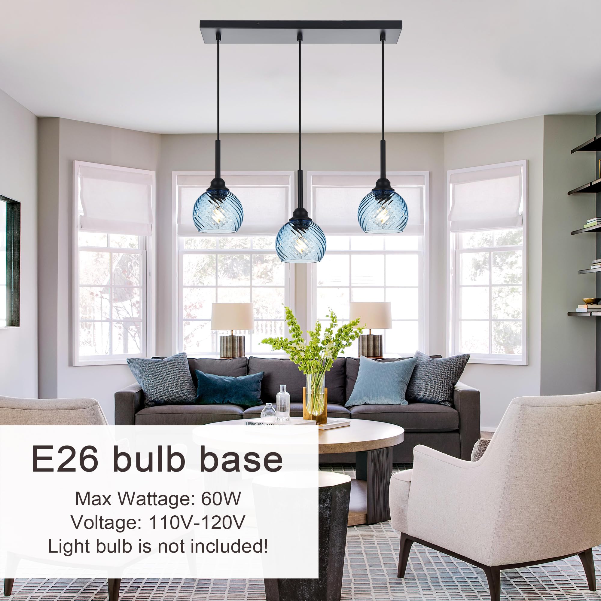 Black Linear Hanging Pendant Light Fixture - 3-Light Farmhouse Chandelier with Striped Swirl Glass Globes for Kitchen Island, Dining Room, Bar & Living Room | Modern Rustic Lighting for Home Decor