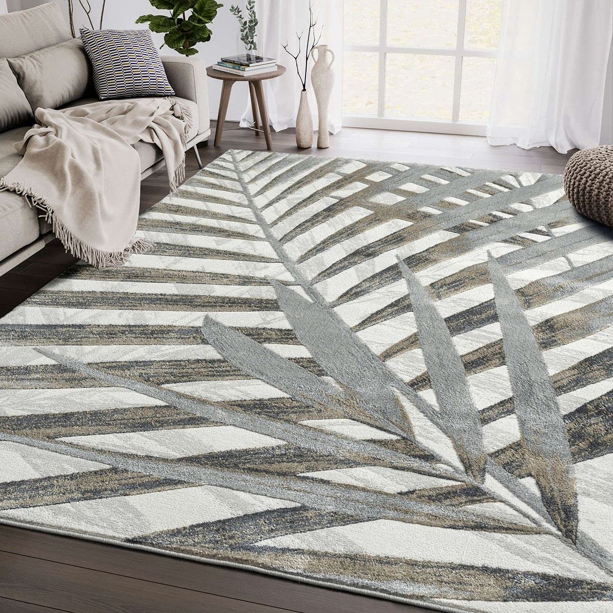 Abani Grey & Brown Modern Floral Living Room Rug - Non-Shedding 8x10 Area Rug with Tropical Palm Leaves Design - Perfect for Living Room, Bedroom & Home Decor