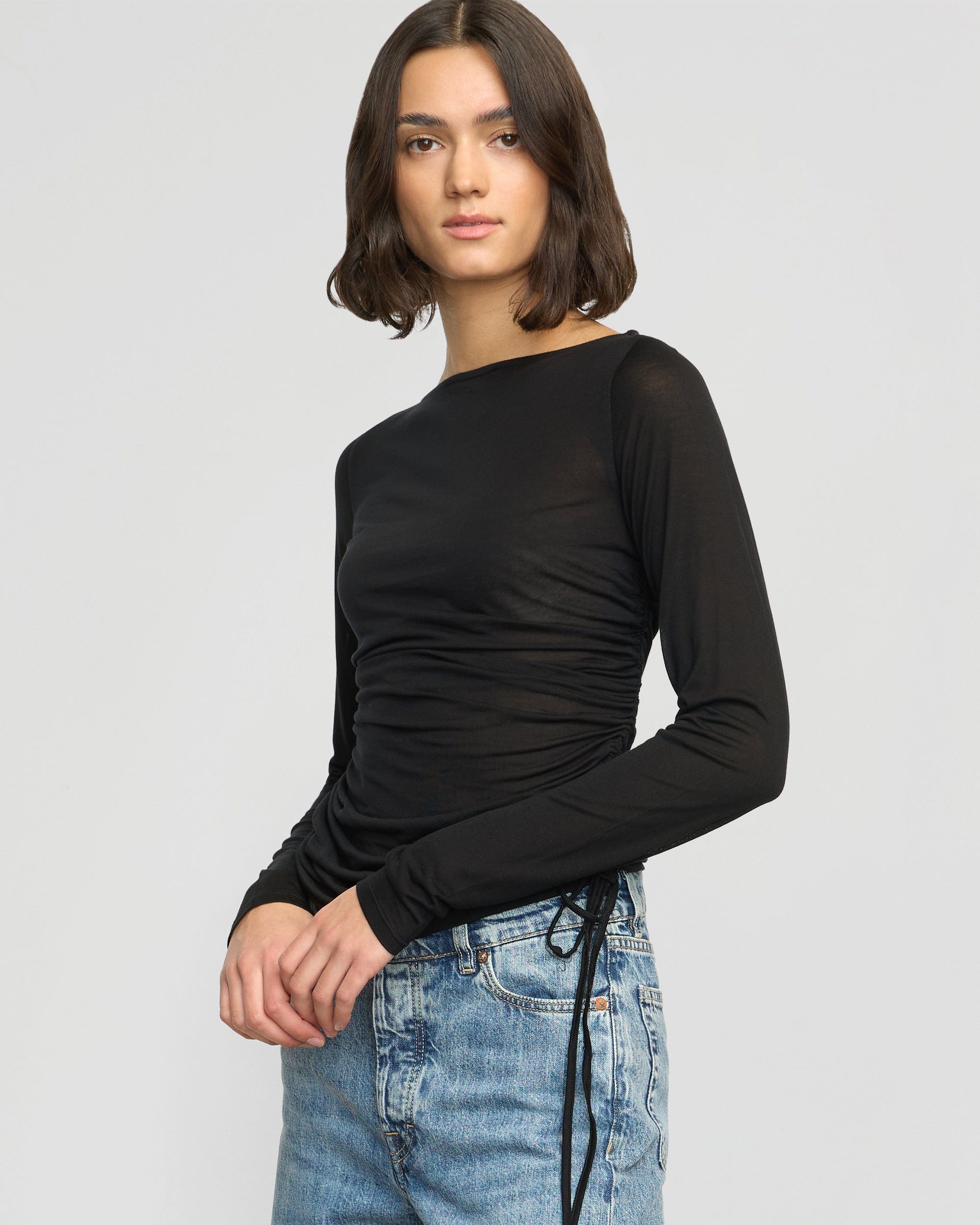 Joan Tencel Ruched Side Semi-Sheer T-Shirt - Women's Fashion Blouse for Casual Wear & Layering