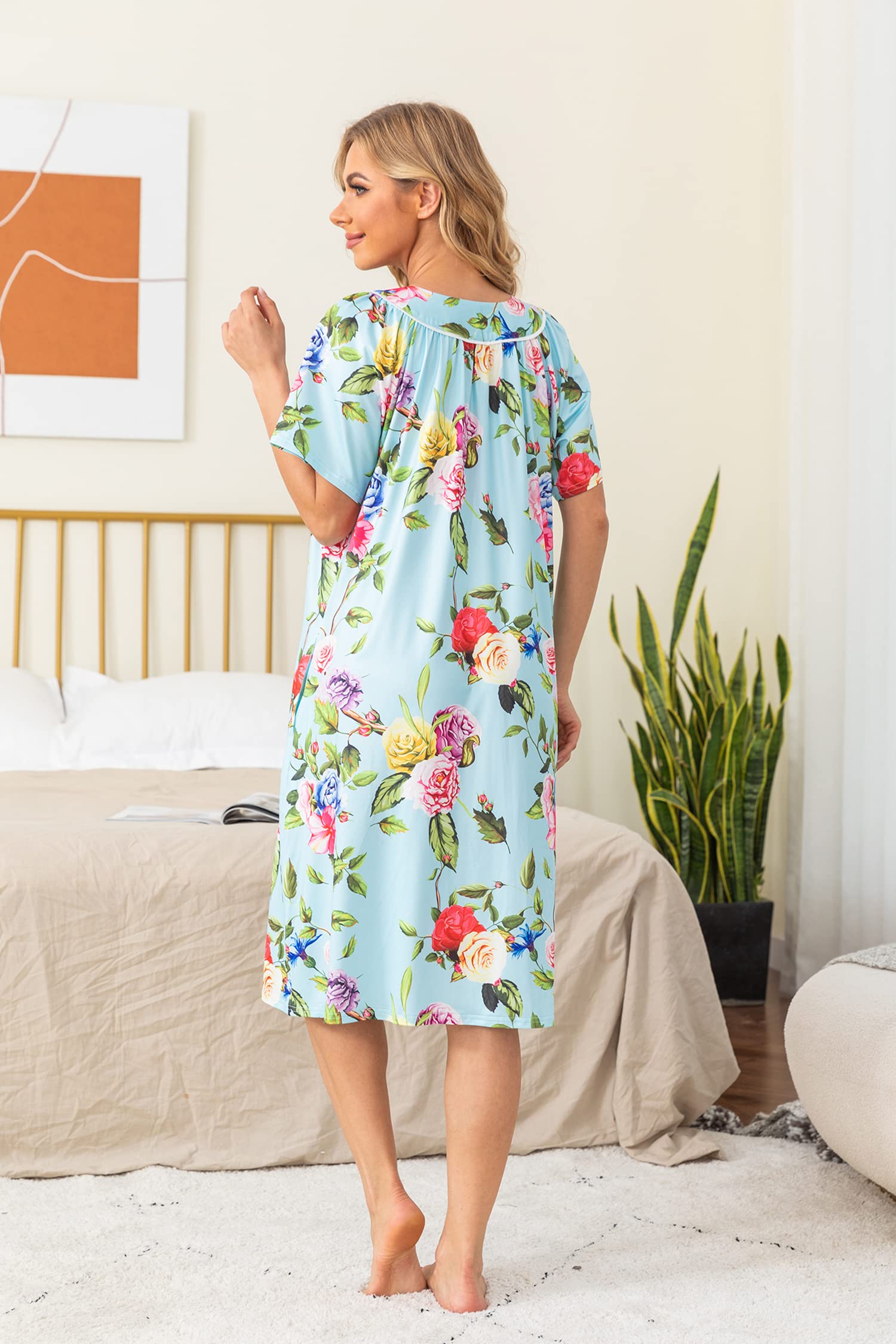 YOZLY Women's Short Sleeve House Dress - Comfortable Mumu Duster Robe with Pockets | Perfect for Lounging at Home, Morning Coffee & Relaxing Evenings