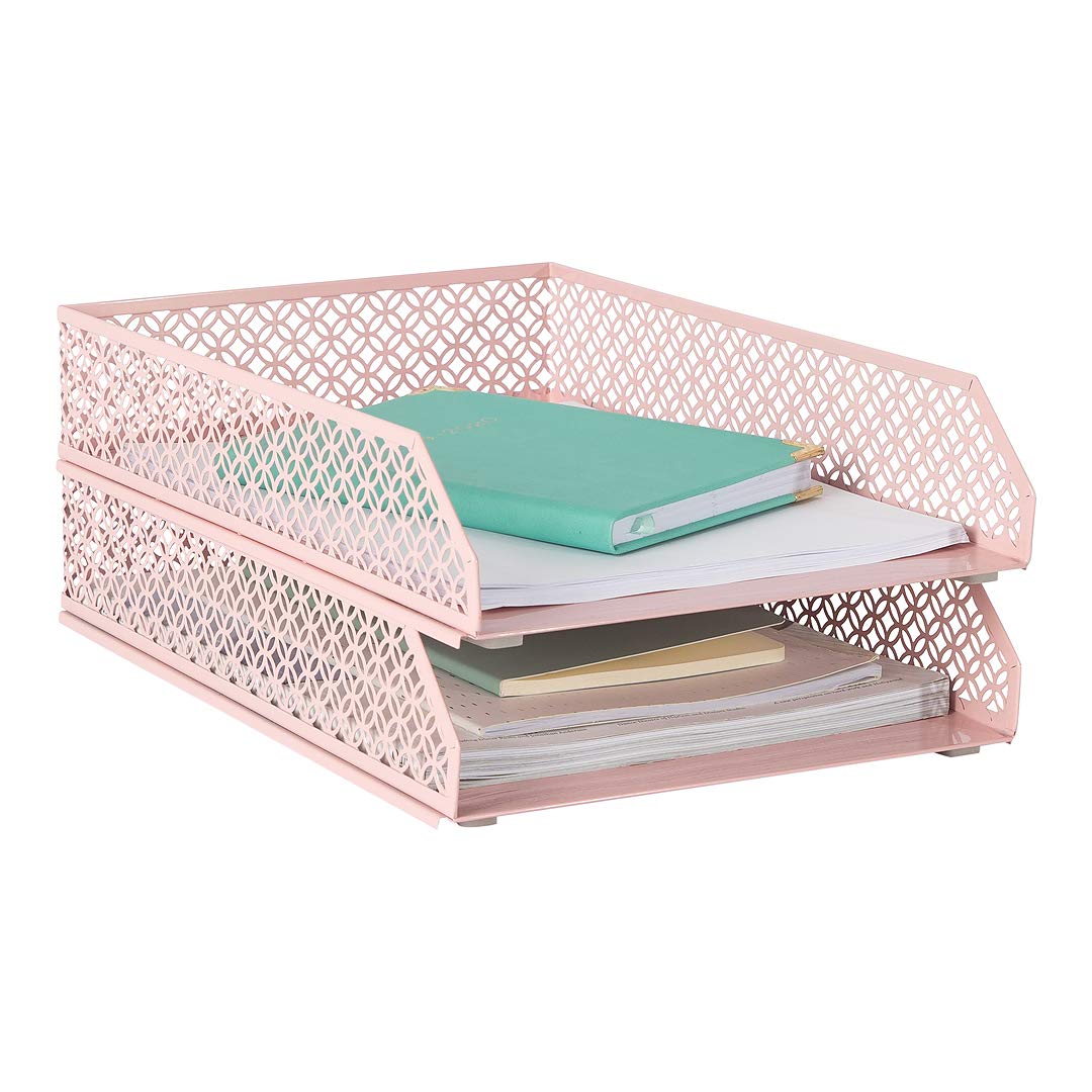 Blu Monaco Pink Metal Stackable Desk Organizer - 2-Tier Paper Tray Set for Office, Home & School - Perfect for Letters, Files & Stationery Storage (Set of 2)