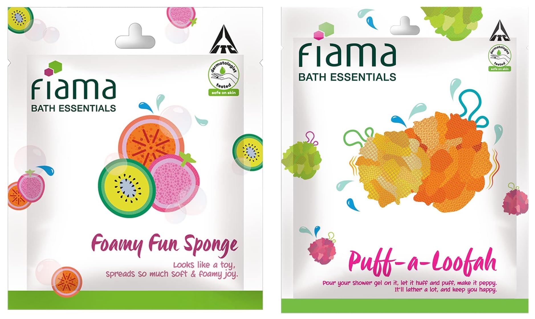 Fiama Bath Essential Foamy Fun Sponge & Puff-a-Loofah Set - Exfoliating Body Scrubber for Shower and Bath (Colors May Vary) - Perfect for Spa Day, Gift Ideas & Daily Skincare Routine