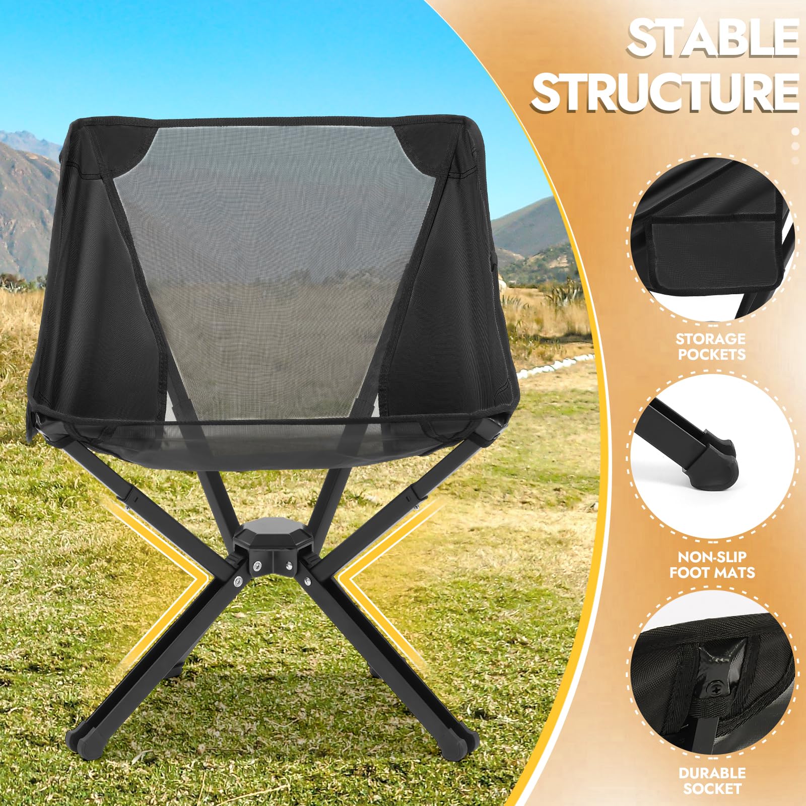 2 Pack Portable Camping Chairs - Heavy Duty 350 LBS Capacity Lightweight Folding Chairs with Carry Bag - Perfect for Outdoor Adventures, Beach, Fishing, Picnics, Concerts & Backpacking (Black)