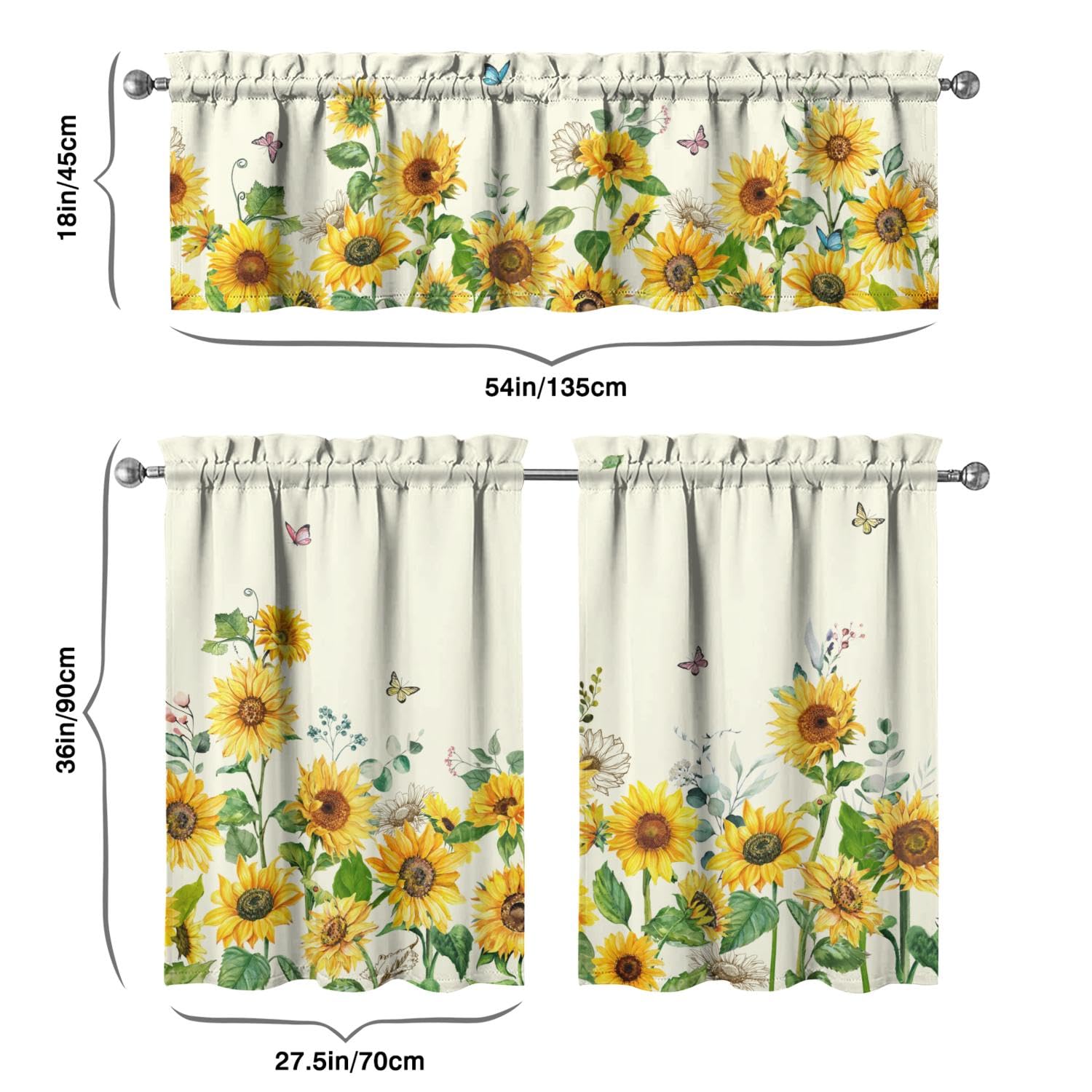 Sunflower Kitchen Valance 3-Piece Set - Floral Rustic Farmhouse Window Curtains for Sink & Kitchen Decor (36 Inch) - Perfect for Spring/Summer Home Interior & Country Style Kitchens