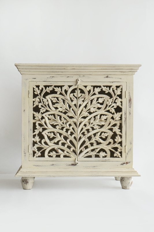 Hand Carved Natural Wood Beige Two-Door Hallway Cabinet - Perfect for Entryway Storage & Home Decor