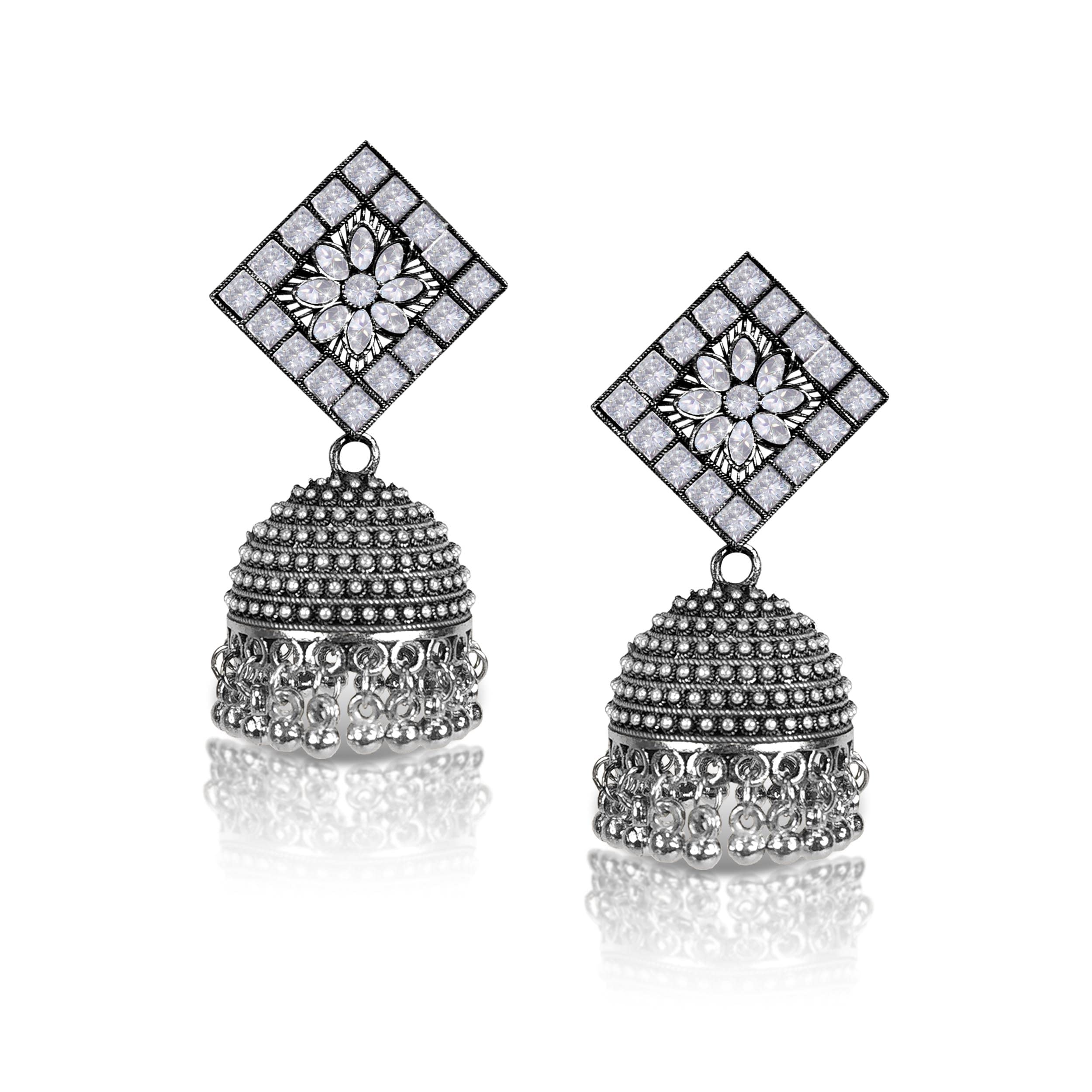 KJAE0026 Stylish Traditional Ethnic Grey Oxidized Jhumka Earrings for Women & Girls | Latest Collection Metal Dangler Earrings | Perfect for Weddings, Parties & Cultural Events