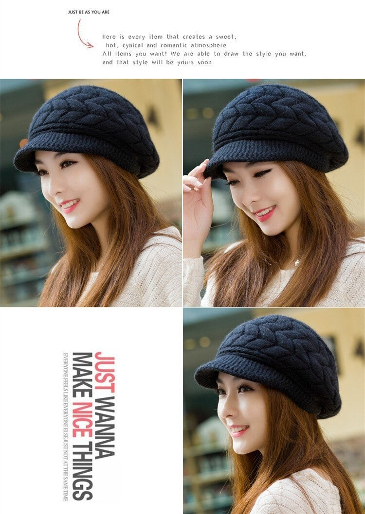 Warm Winter Knit Hat with Fleece Lining & Rabbit Fur - Cozy Beanie for Outdoor Activities, Skiing, Snowboarding, and Cold Weather Fashion
