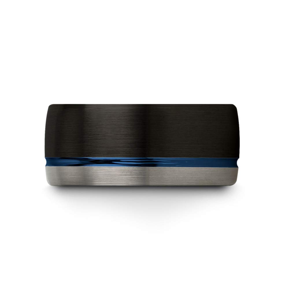 10mm Tungsten Carbide Wedding Band Ring for Men & Women - Blue Black Offset Line, Dome Grey Exterior, Half Brushed Polished - Custom Engraving for Anniversary & Engagement - Perfect for Weddings, Proposals & Special Occasions