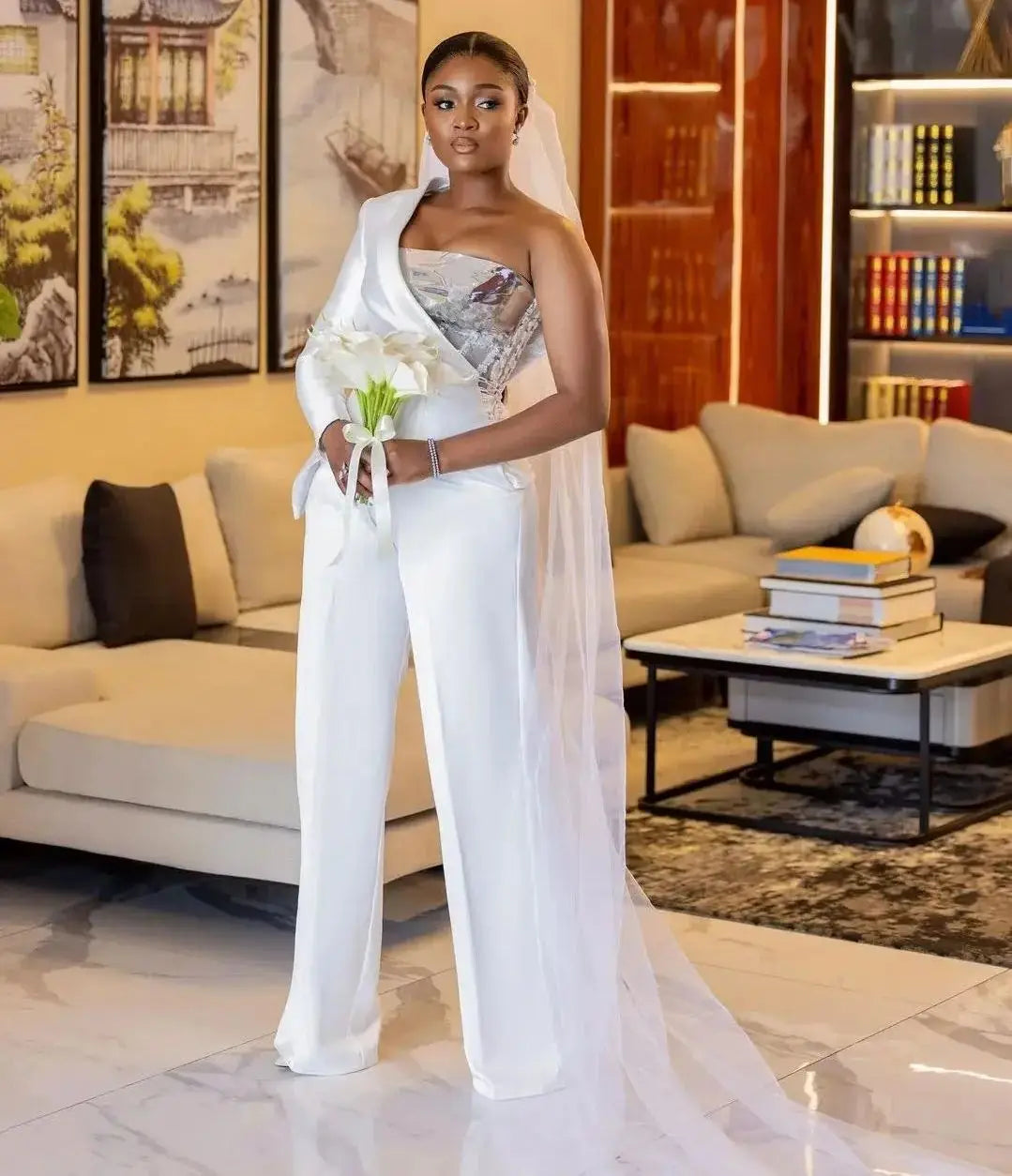 Elegant White One Shoulder Strapless Plus Size Wedding Jumpsuit Bridal Gown for Women - Perfect for Beach Weddings, Bridal Showers & Formal Events
