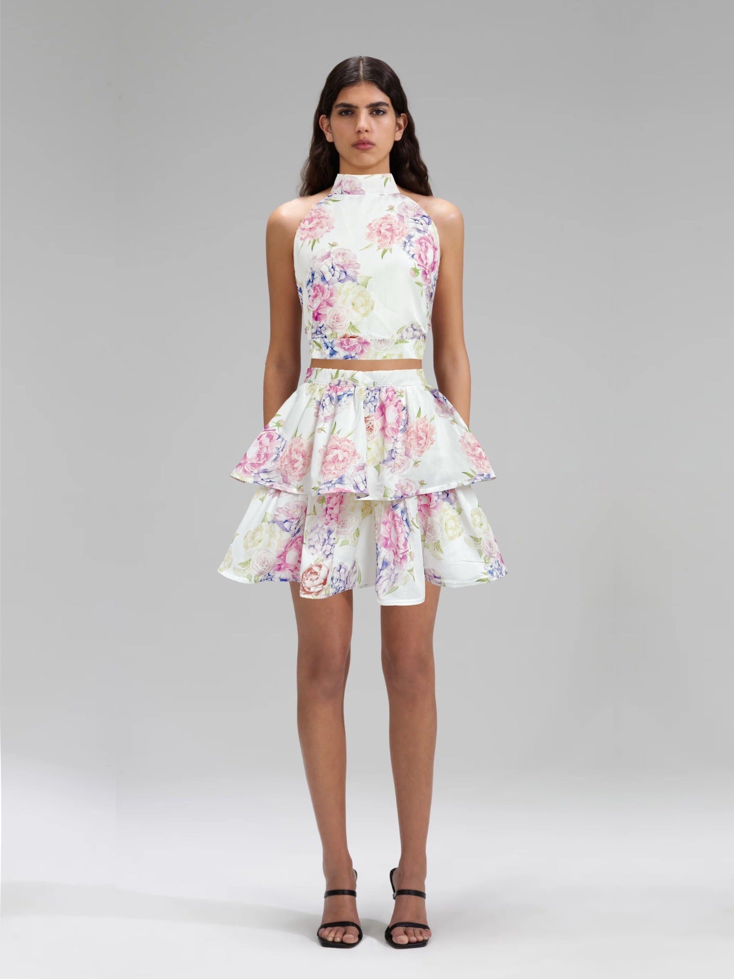 Jessica Printed Backless Halter Top & Skirt Set - Pink Floral Summer Outfit for Beach Vacation, Pool Party & Date Night