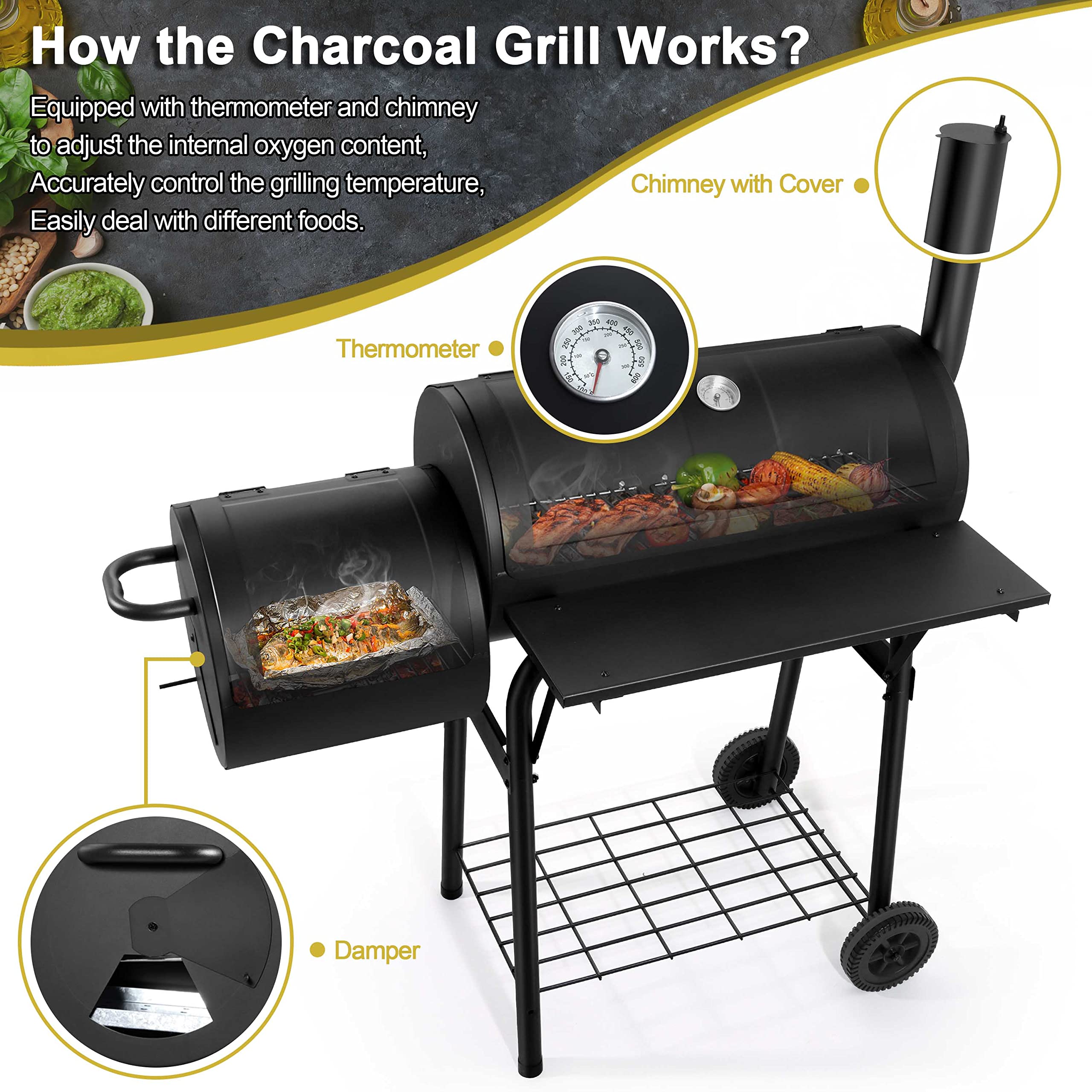 Joyfair Charcoal Grill with Offset Smoker - Heavy Duty Steel Camping BBQ Grill with Side Fire Box, Dual Chamber Design, Built-in Thermometer & Chimney - Perfect for Outdoor Backyard Parties, Tailgating & Camping Trips